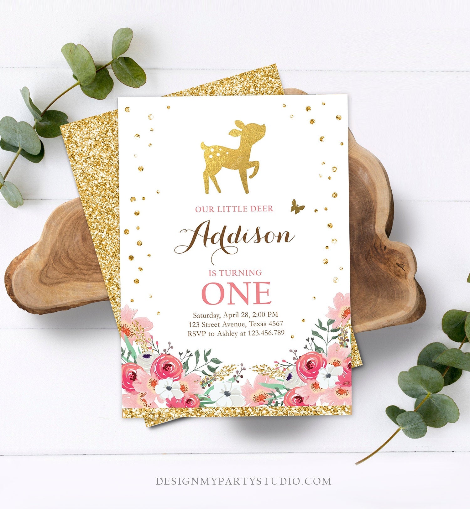 Editable Little Deer Birthday Invitation Pink Gold Girl First Birthday 1st Antler Woodland Digital Download Corjl Template Printable 0060