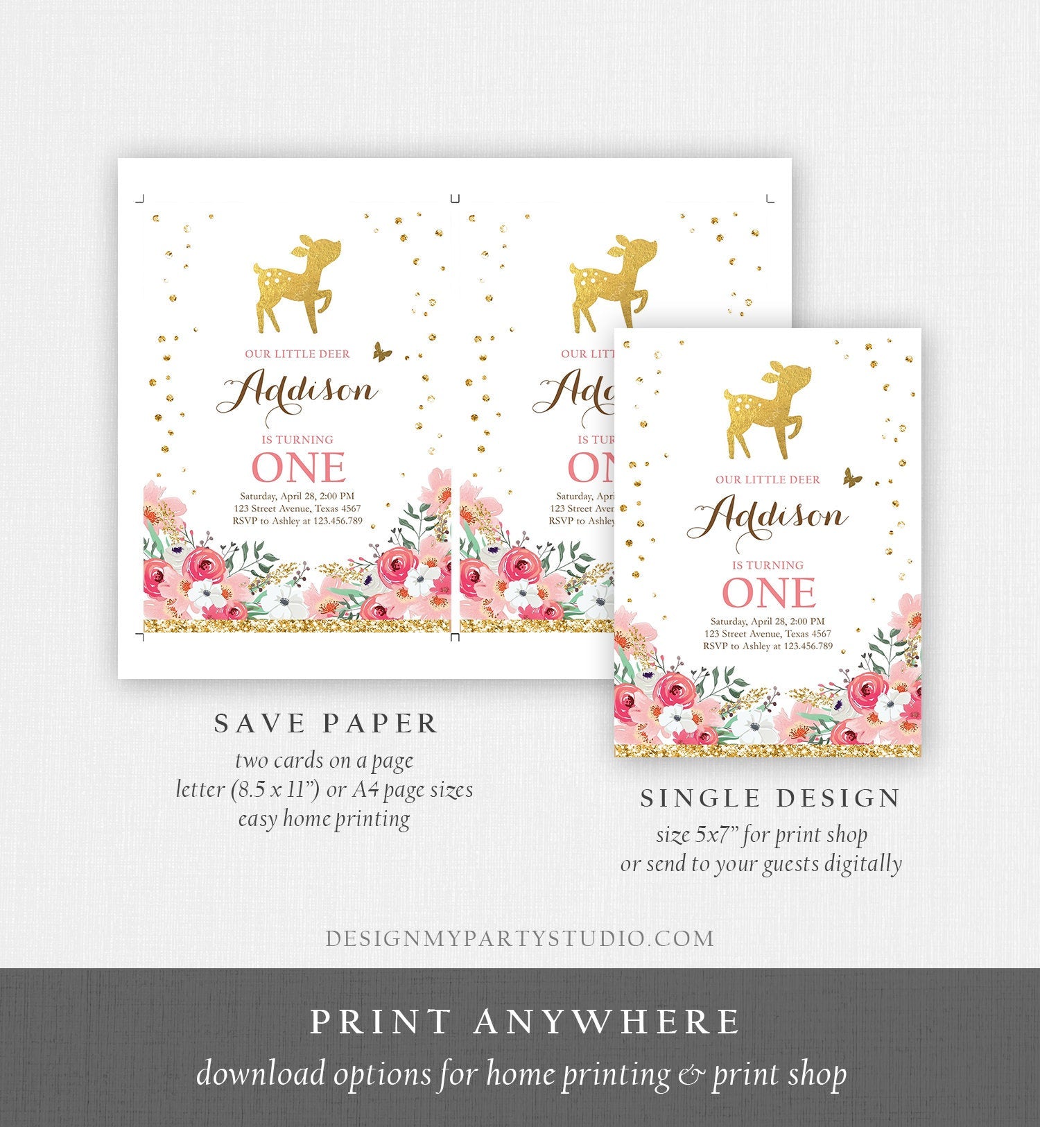 Editable Little Deer Birthday Invitation Pink Gold Girl First Birthday 1st Antler Woodland Digital Download Corjl Template Printable 0060