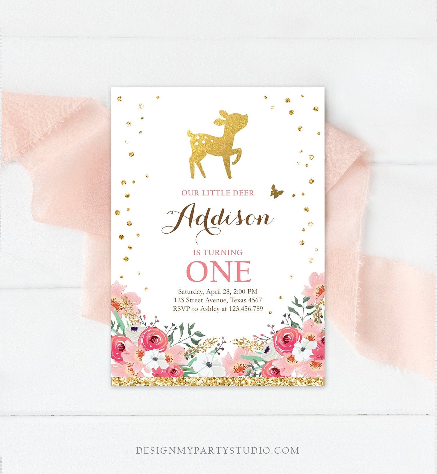 Editable Little Deer Birthday Invitation Pink Gold Girl First Birthday 1st Antler Woodland Digital Download Corjl Template Printable 0060
