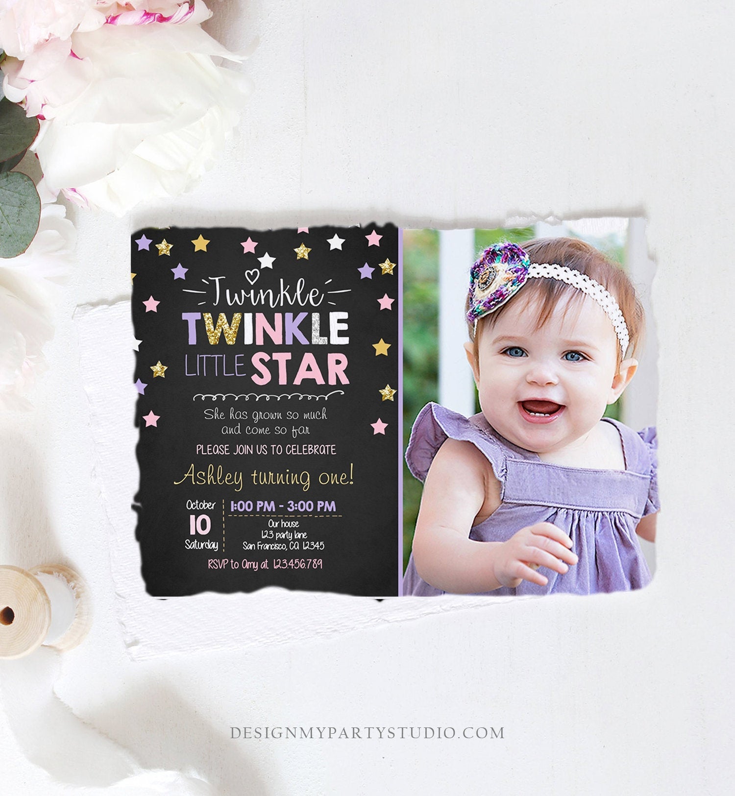 Editable Twinkle Little Star Birthday Invitation Pink Purple Gold Girl First Birthday Chalk Stars Download Corjl Template Printable 0028