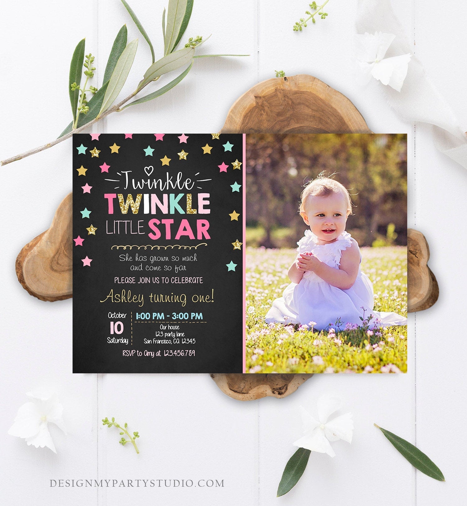 Editable Twinkle Little Star Birthday Invitation Pink Blue Mint Gold Girl First Birthday Chalk Stars Download Corjl Template Printable 0028