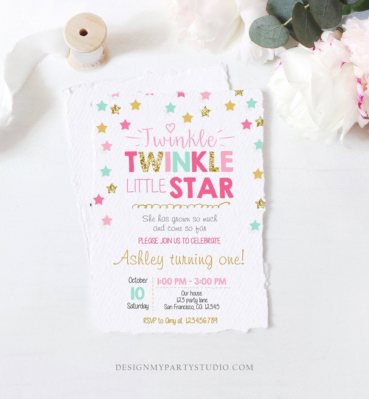 Editable Twinkle Little Star Birthday Invitation Pink Blue Mint Gold Girl First Birthday Chalk Stars Download Corjl Template Printable 0028