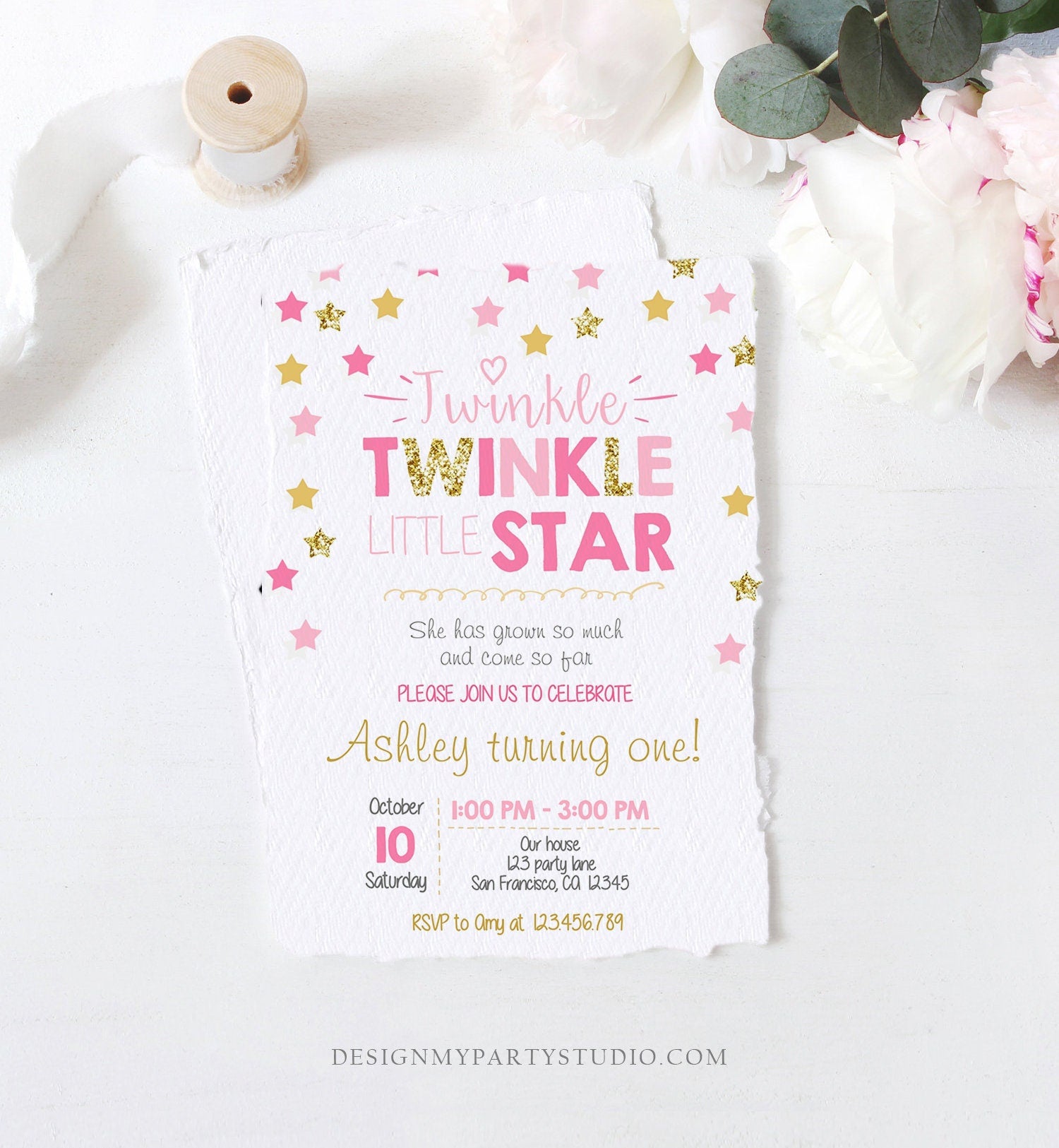 Editable Twinkle Little Star Birthday Invitation Pink Gold Glitter Girl First Birthday Chalk Stars Download Corjl Template Printable 0028