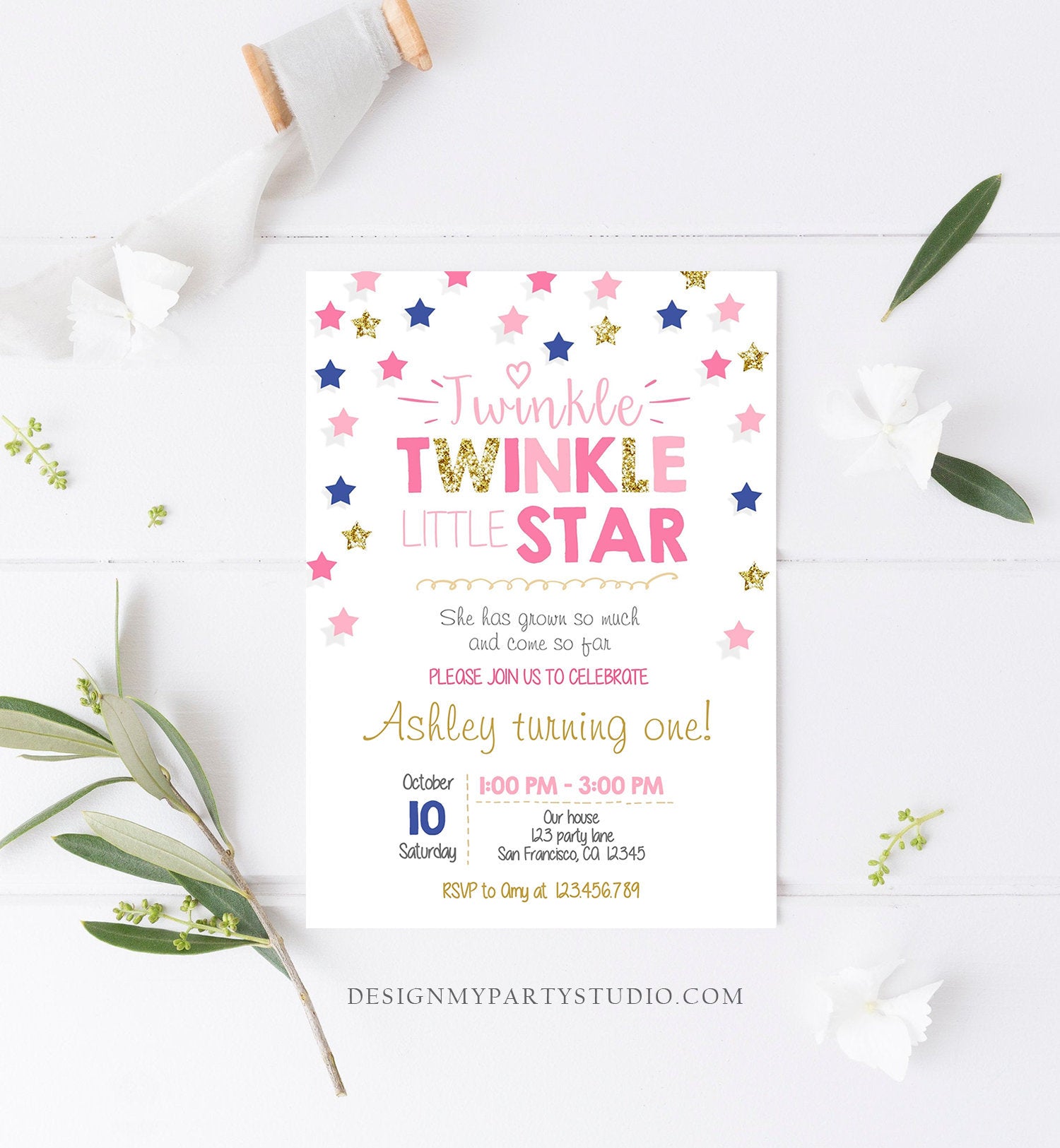 Editable Twinkle Little Star Birthday Invitation Pink Navy Blue Gold Girl First Birthday Chalk Stars Download Corjl Template Printable 0028
