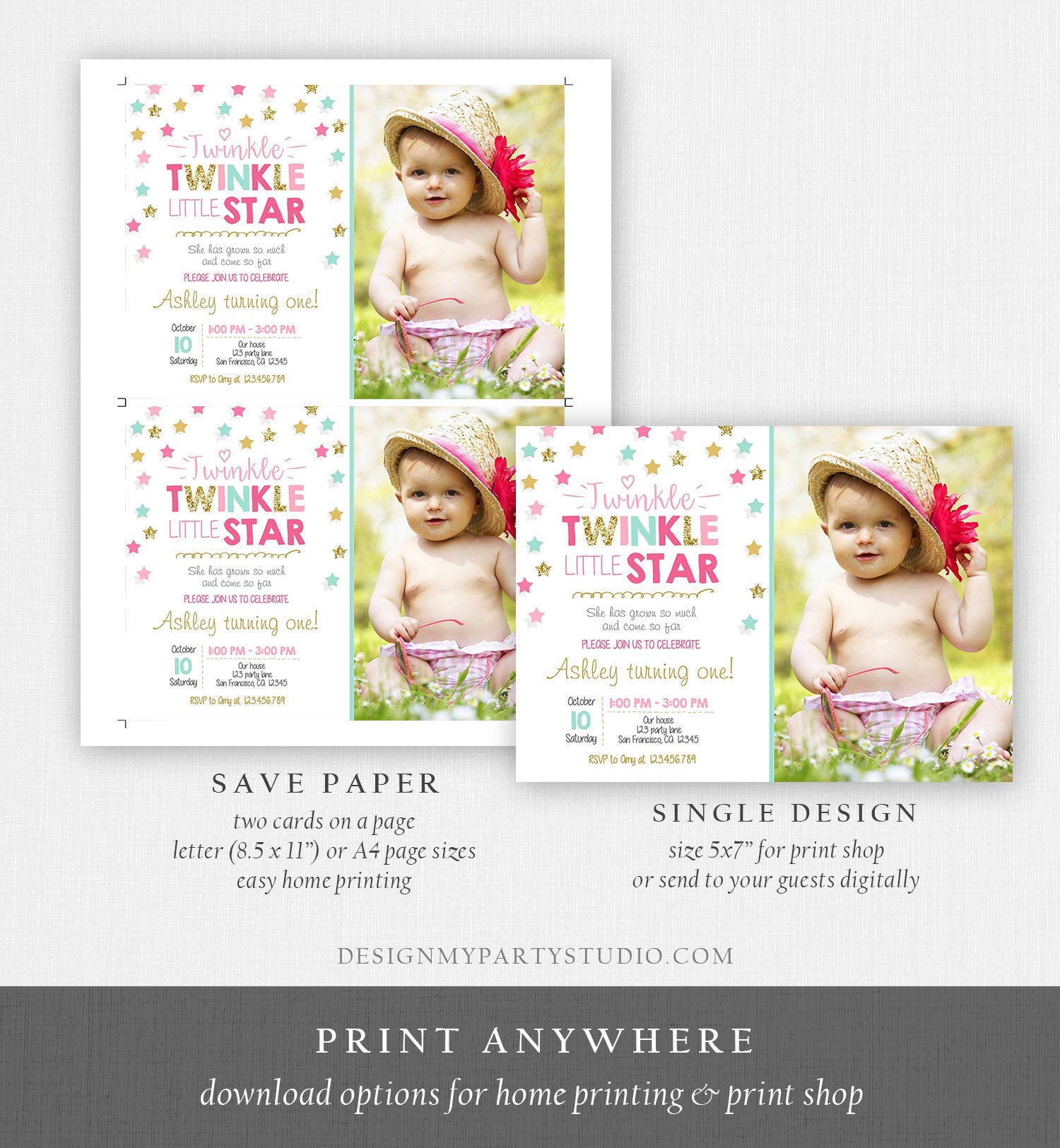 Editable Twinkle Little Star Birthday Invitation Pink Blue Mint Gold Girl First Birthday Chalk Stars Download Corjl Template Printable 0028