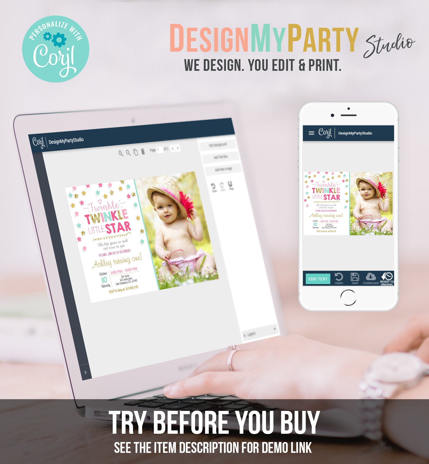 Editable Twinkle Little Star Birthday Invitation Pink Blue Mint Gold Girl First Birthday Chalk Stars Download Corjl Template Printable 0028