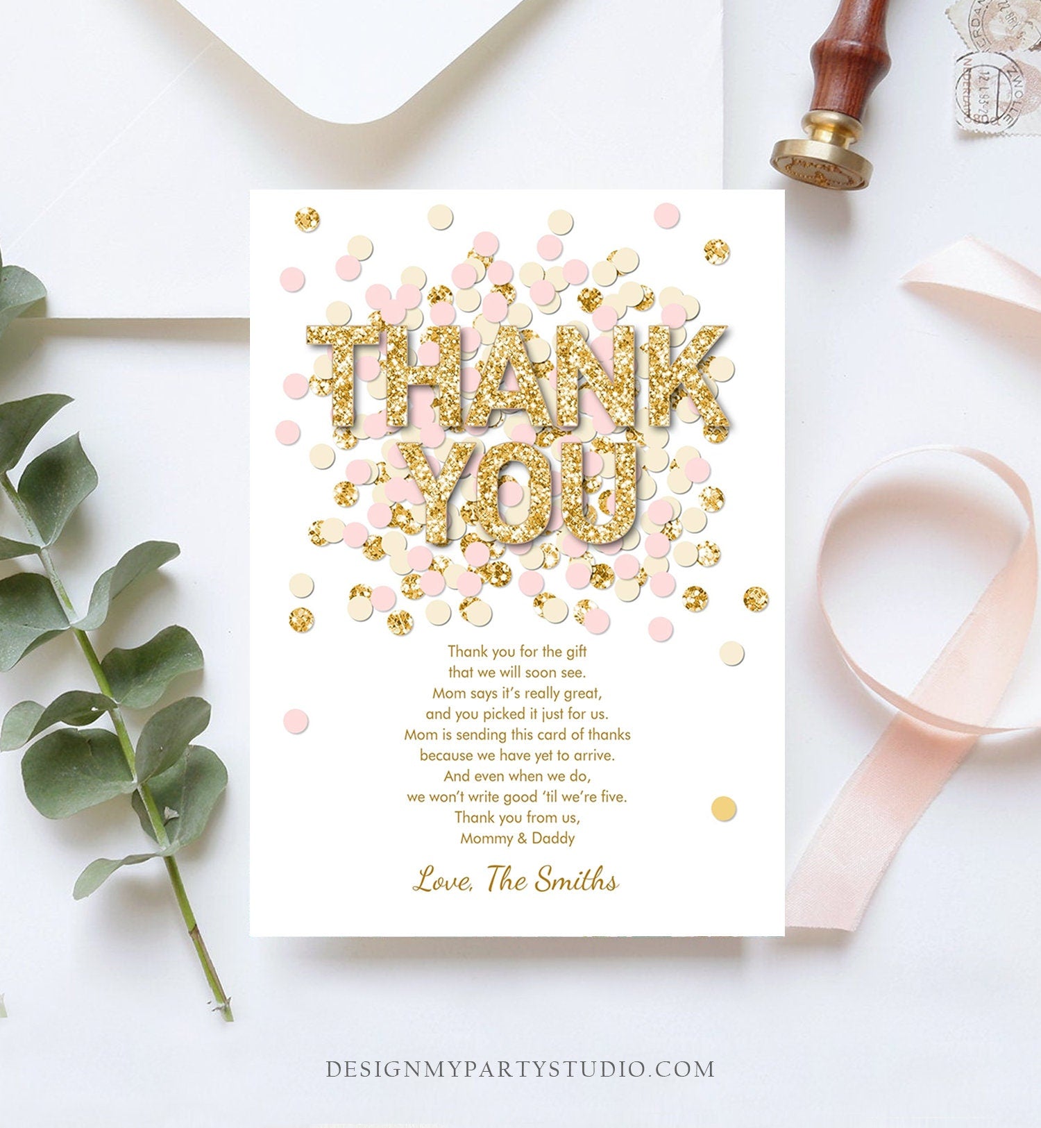 Editable Confetti Thank You Card Baby Shower Birthday Thank You Note Pink Gold Glitter Girl Download Corjl Template Printable 0114