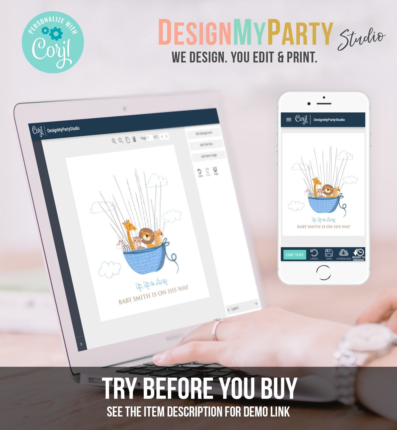 Editable Safari Baby shower Fingerprint Guestbook Zoo Thumbprint Guest Book Jungle Wild One Animals Blue Boy PRINTABLE Template Corjl