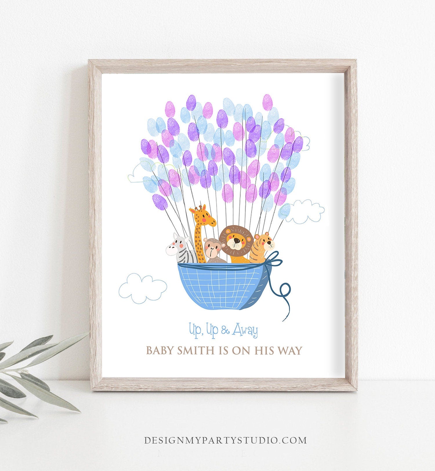 Editable Safari Baby shower Fingerprint Guestbook Zoo Thumbprint Guest Book Jungle Wild One Animals Blue Boy PRINTABLE Template Corjl