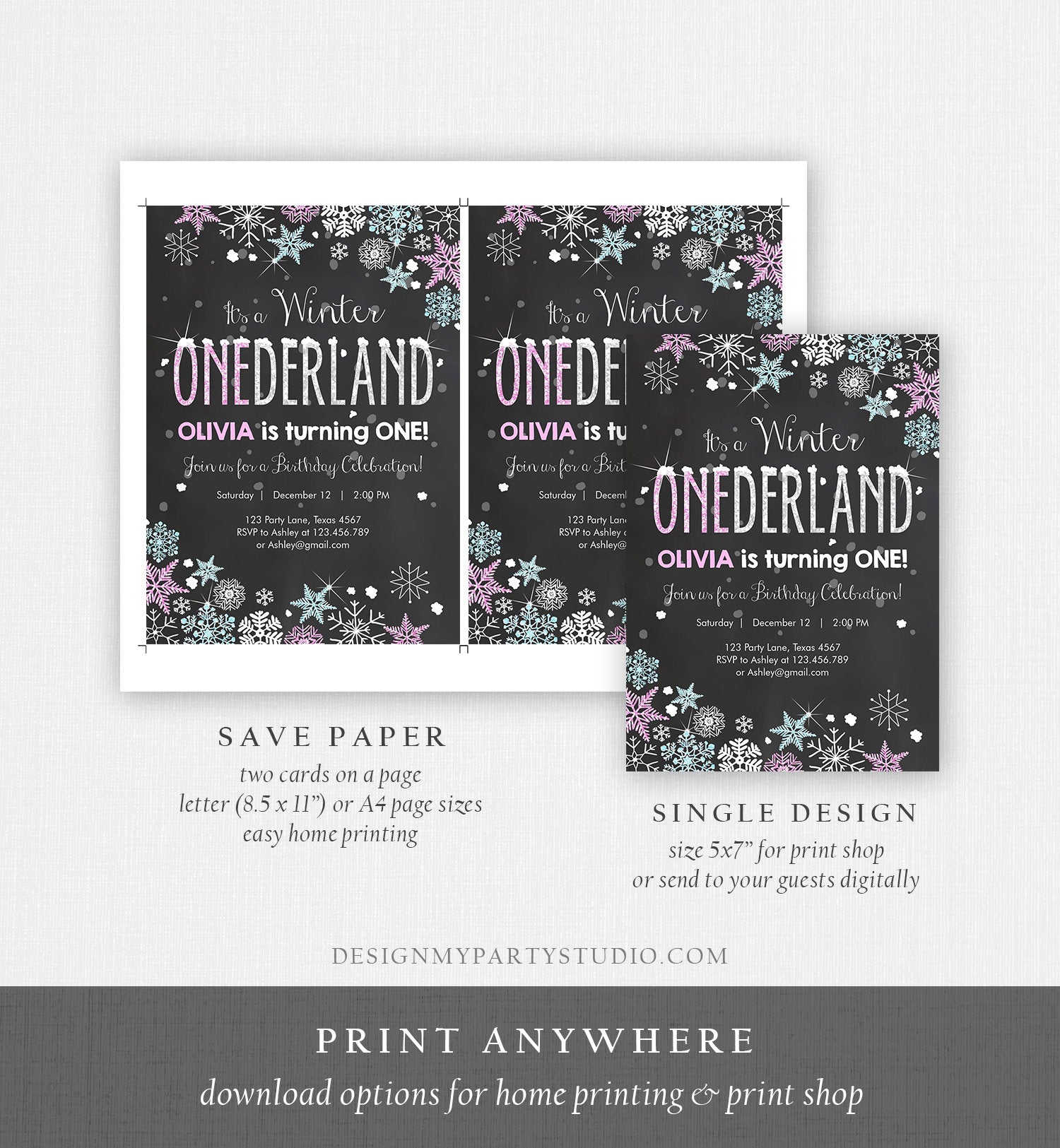 Editable Winter ONEderland Birthday Invitation Pink Girl First Birthday 1st Winter Little Snowflake Mint Blue Corjl Template Printable 0033