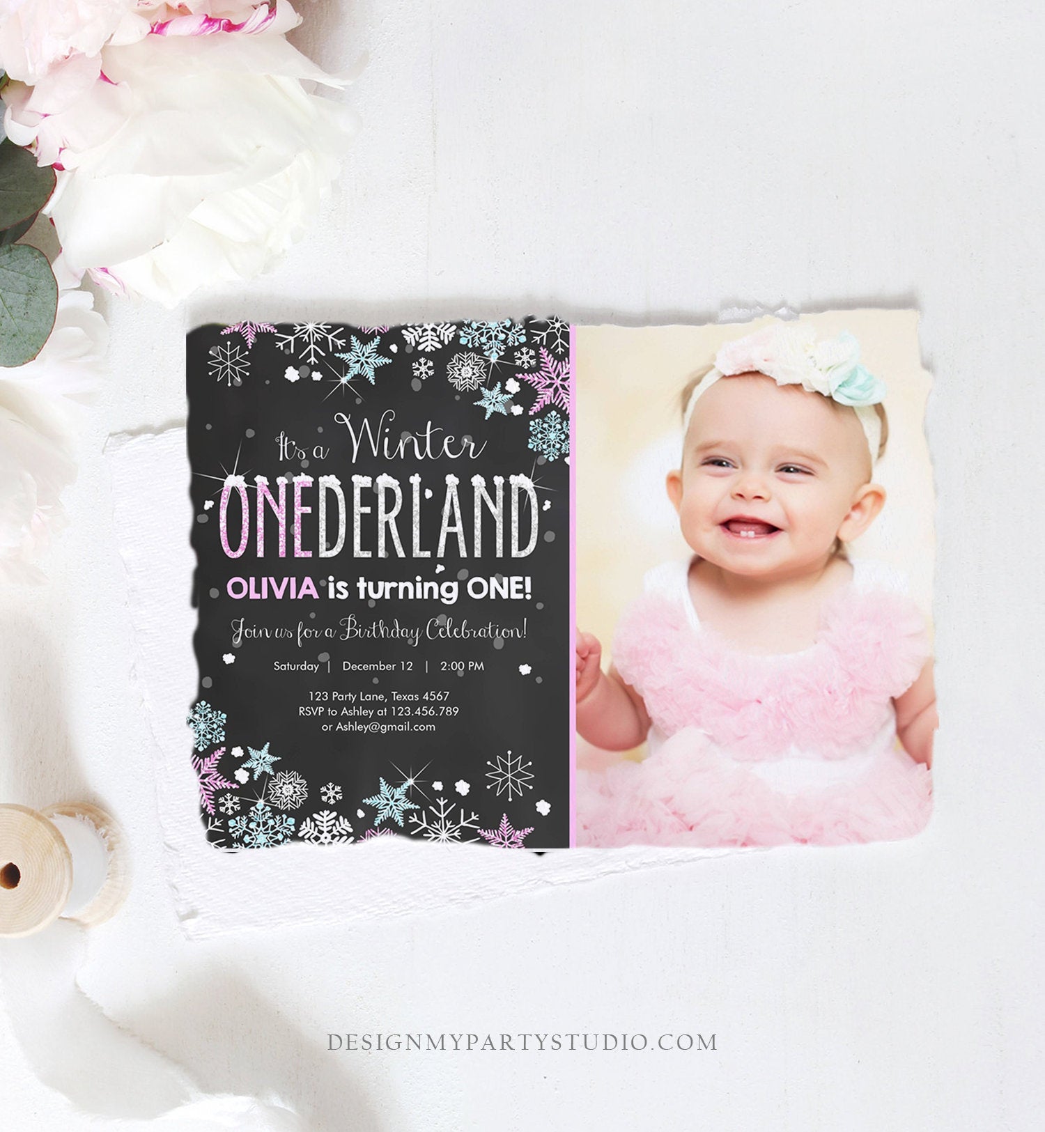 Editable Winter ONEderland Birthday Invitation Pink Girl First Birthday 1st Winter Little Snowflake Mint Blue Corjl Template Printable 0033