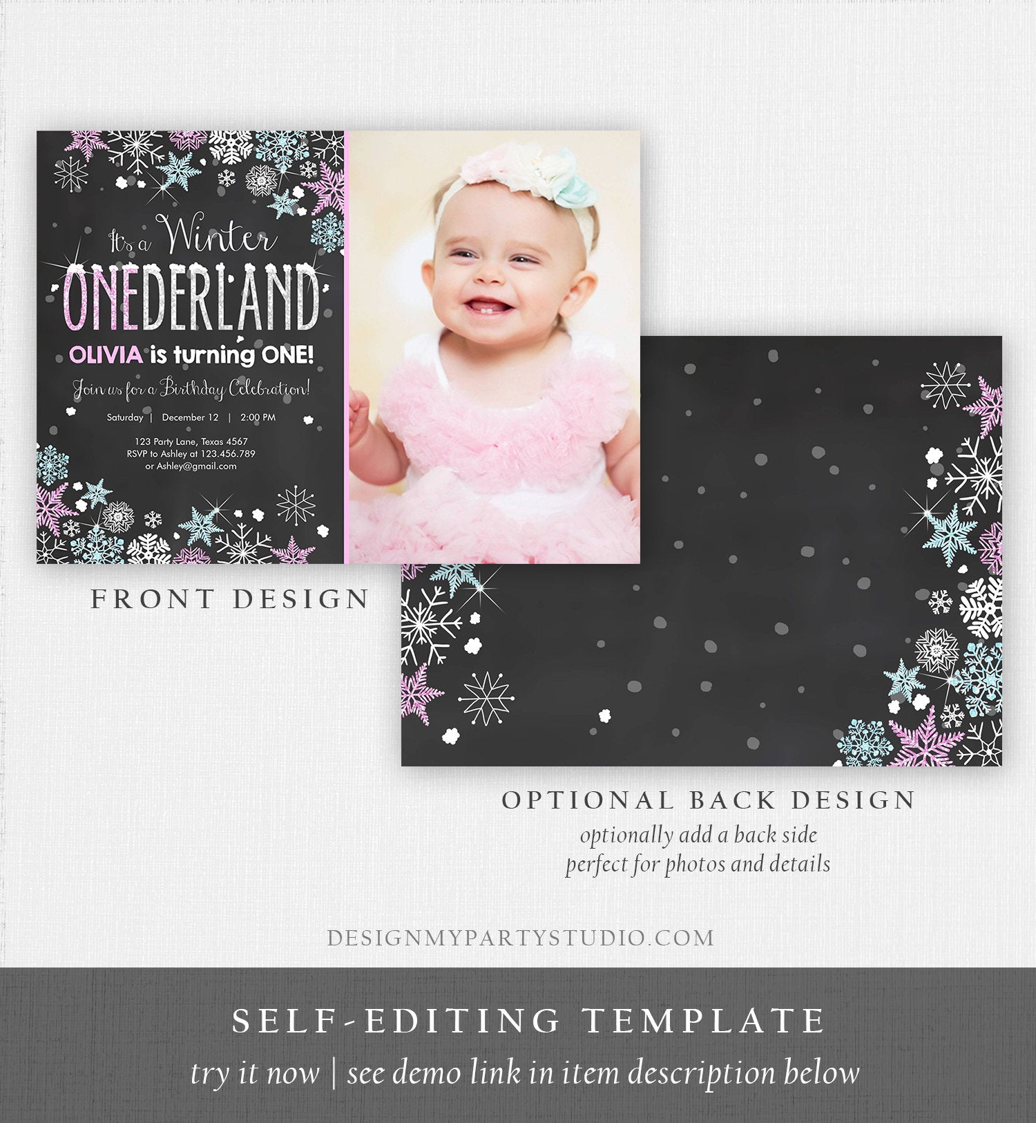 Editable Winter ONEderland Birthday Invitation Pink Girl First Birthday 1st Winter Little Snowflake Mint Blue Corjl Template Printable 0033