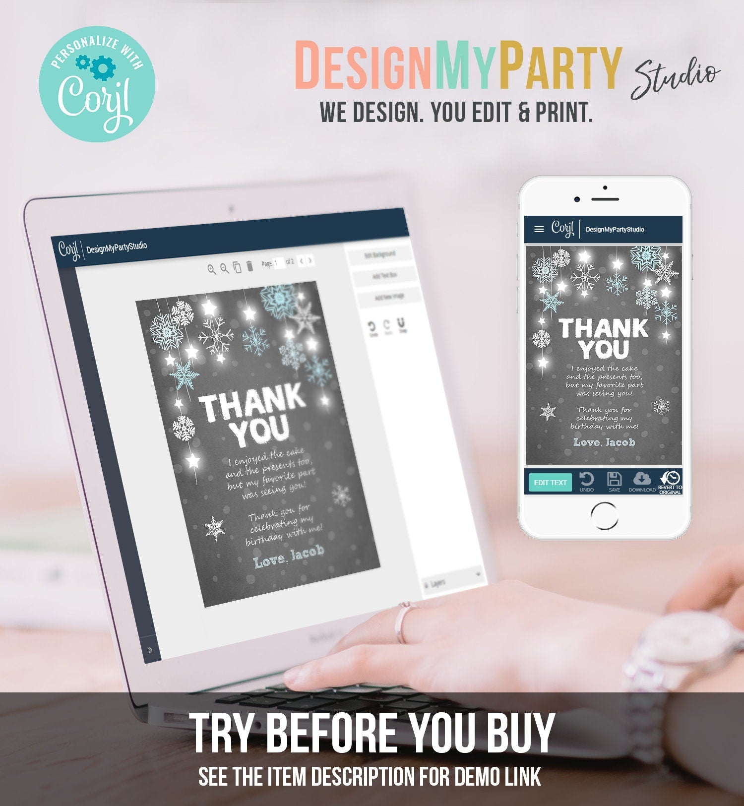 Editable Winter ONEderland Thank You Card First Birthday Boy Stars Wonderland Stars Blue Instant Download Corjl Template Printable 0057