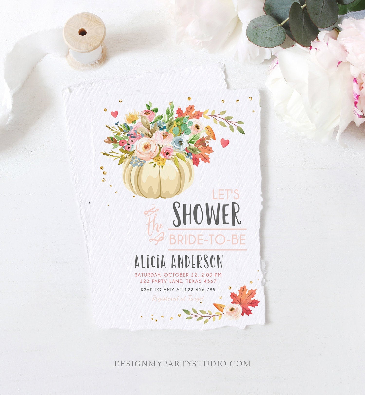 Editable Pumpkin Bridal Shower Invitation Burgundy Autumn Rustic Gold Navy Orange Floral Fall in Love Printable Corjl Template 0178