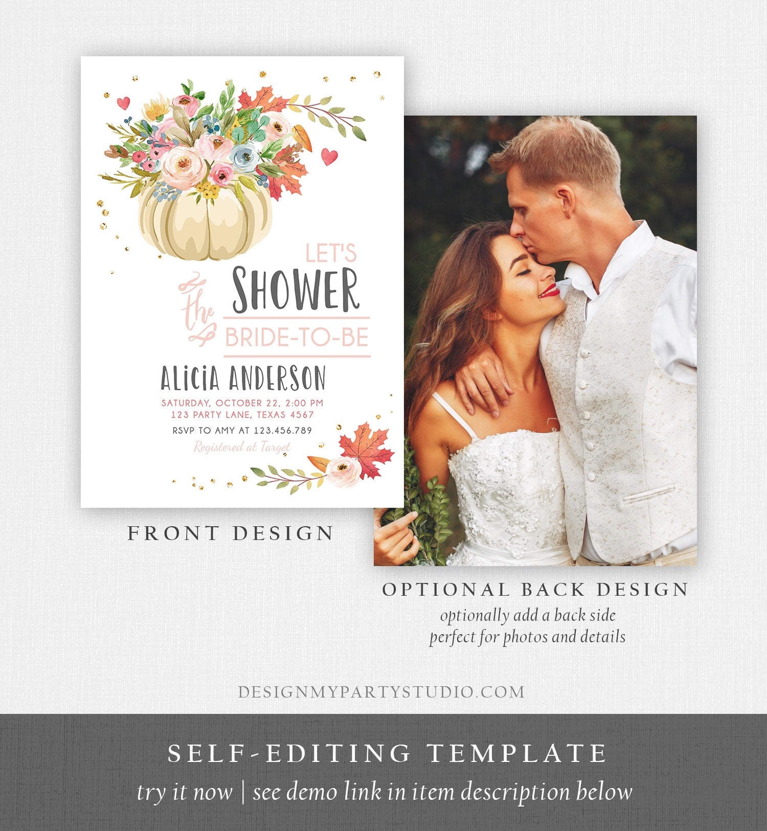 Editable Pumpkin Bridal Shower Invitation Burgundy Autumn Rustic Gold Navy Orange Floral Fall in Love Printable Corjl Template 0178