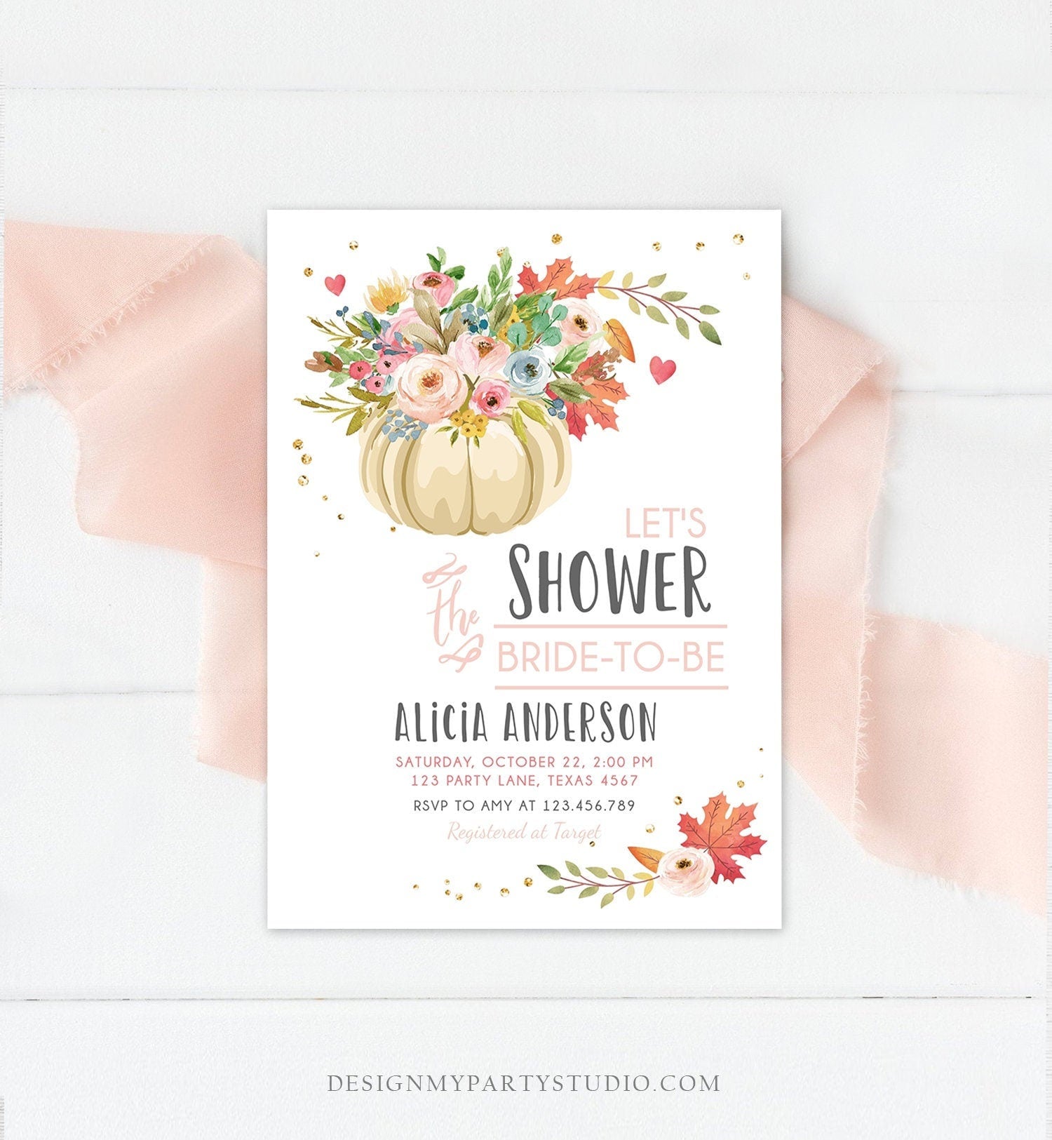 Editable Pumpkin Bridal Shower Invitation Burgundy Autumn Rustic Gold Navy Orange Floral Fall in Love Printable Corjl Template 0178
