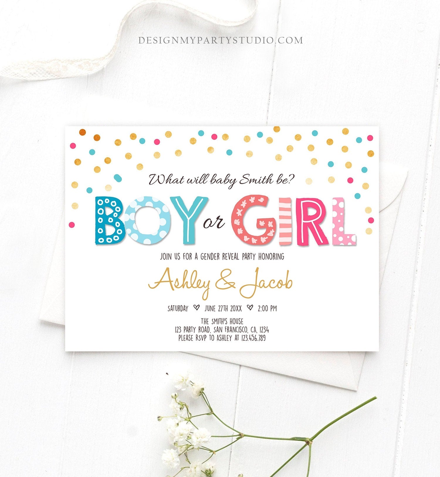 Editable Gender Reveal Invitation Boy or Girl Reveal Invite Blue or Pink He or She Instant Download Printable Template Corjl