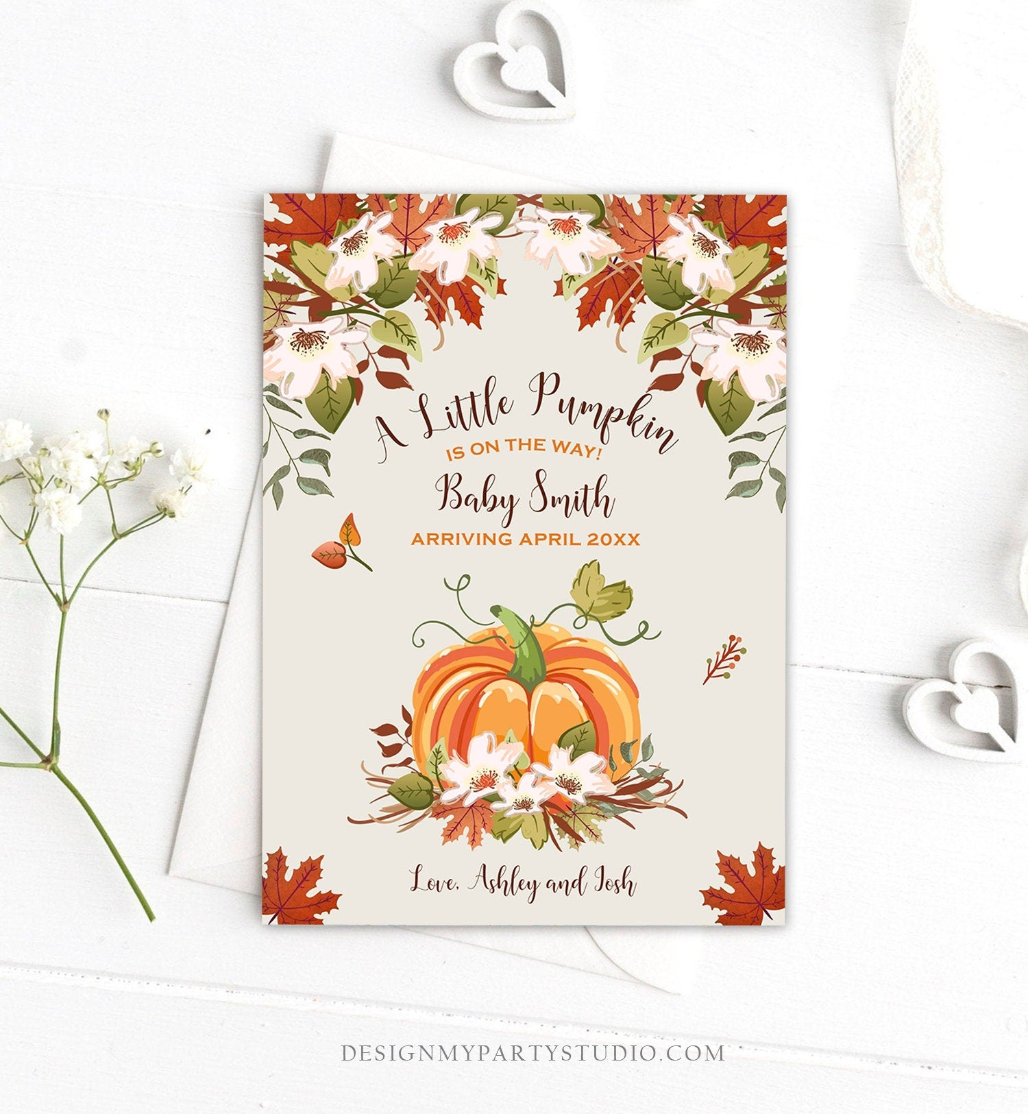 Editable Pumpkin Pregnancy Announcement Rustic Gender Neutral Brown Shower Autumn Fall Baby On the Way Download Digital Corjl Template 0049