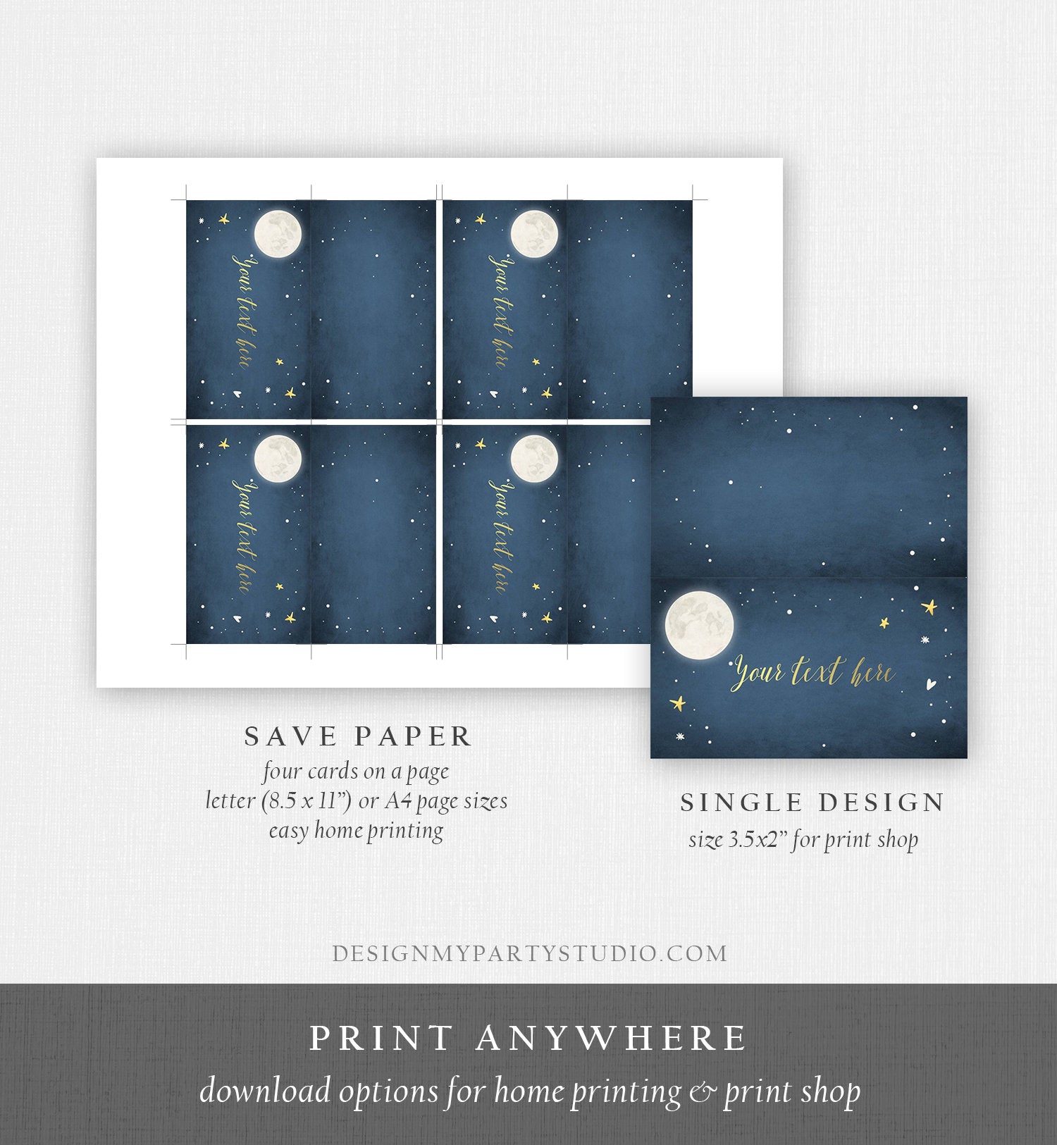 Editable Moon Food Labels Moon Place Card Twinkle Little Star Baby shower Navy Gold Tent Card Buffet Card To The Moon Printable Corjl 0017
