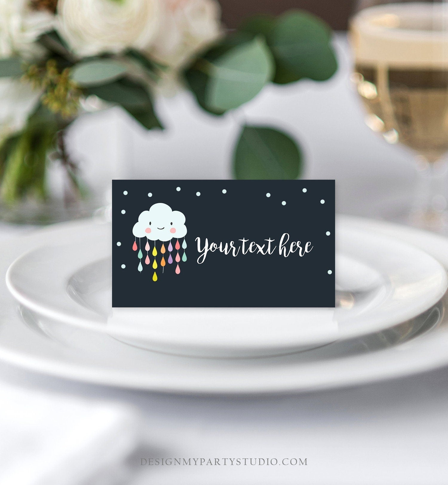 Editable Cloud Food Labels Raindrops Place Card Rain Drops Baby shower Tent Card Escort Card Baby Sprinkle Rainbow Printable Corjl 0036