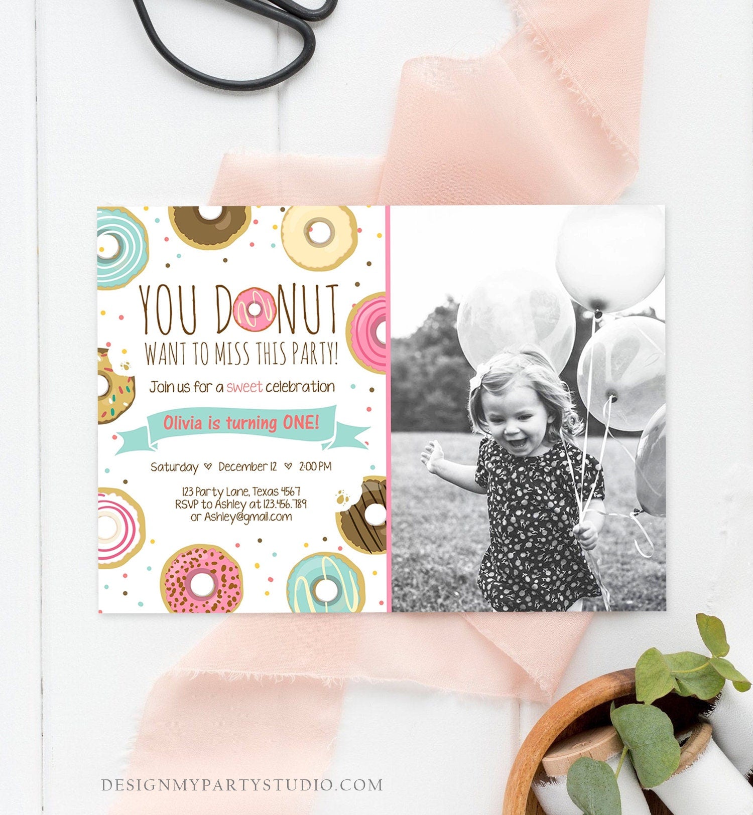 Editable Donut Birthday Invitation You Donut Want To Miss This Girl Pink Sweet Doughnut First Birthday 1st Donut Grow Up Corjl Template 0050