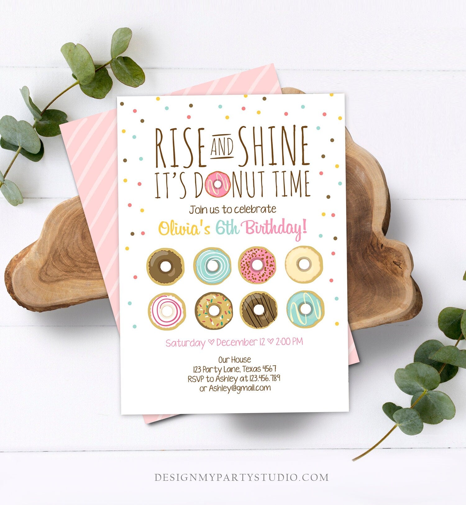 Editable Rise and Shine Donut Time Birthday Invitation ANY AGE Sweet Girl Birthday Party Pink Doughnut Digital Corjl Template Printable 0050