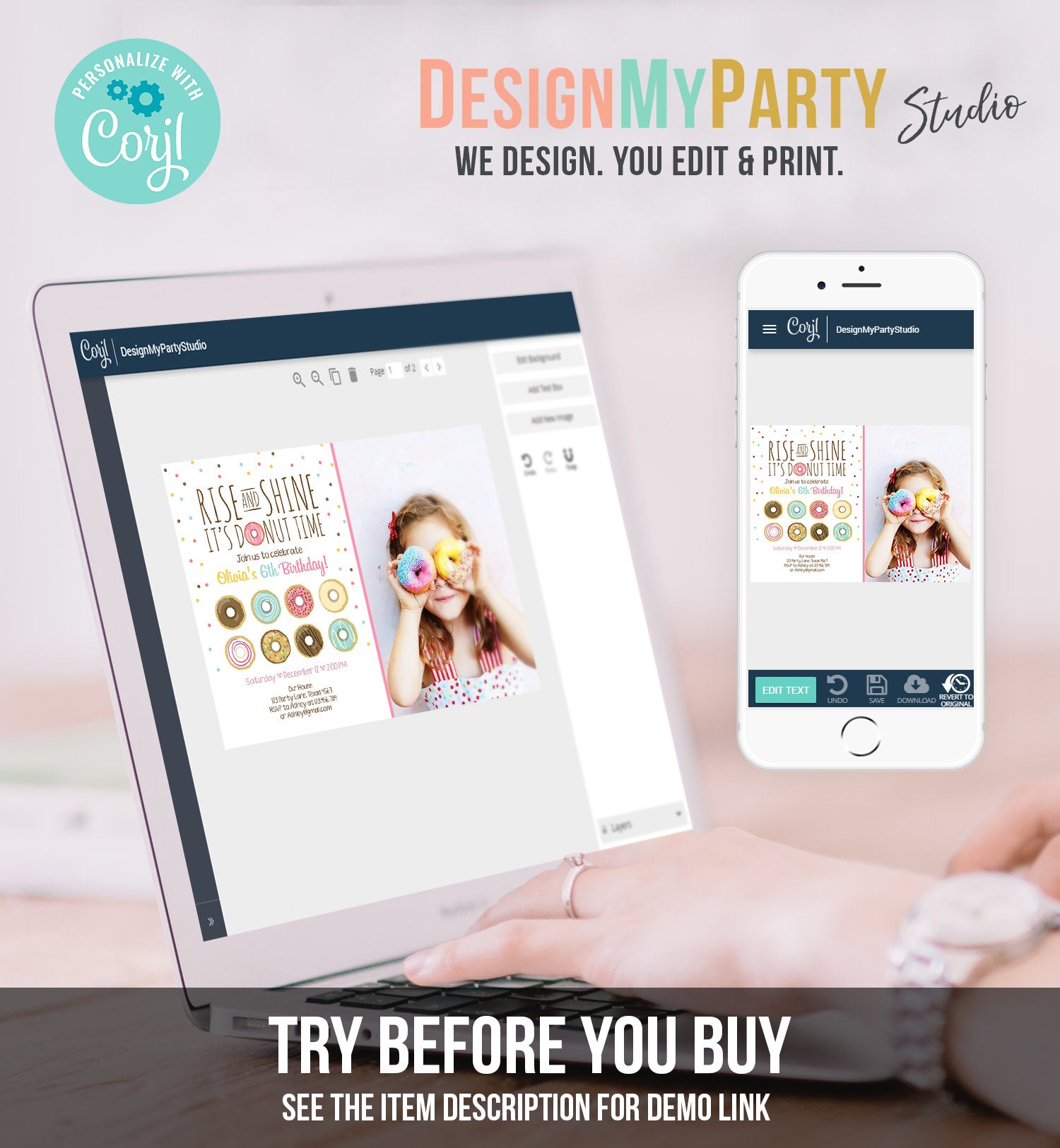 Editable Rise and Shine Donut Time Birthday Invitation ANY AGE Sweet Girl Birthday Party Pink Doughnut Digital Corjl Template Printable 0050