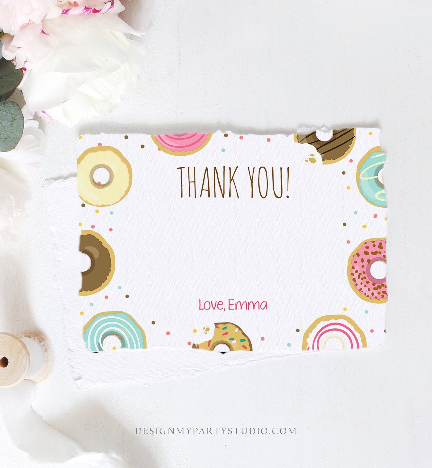 Editable Donut Thank You Card Note Pink Girl Birthday Party Doughnut Thank You Photo Sweet First Birthday 1st Corjl Template Printable 0050
