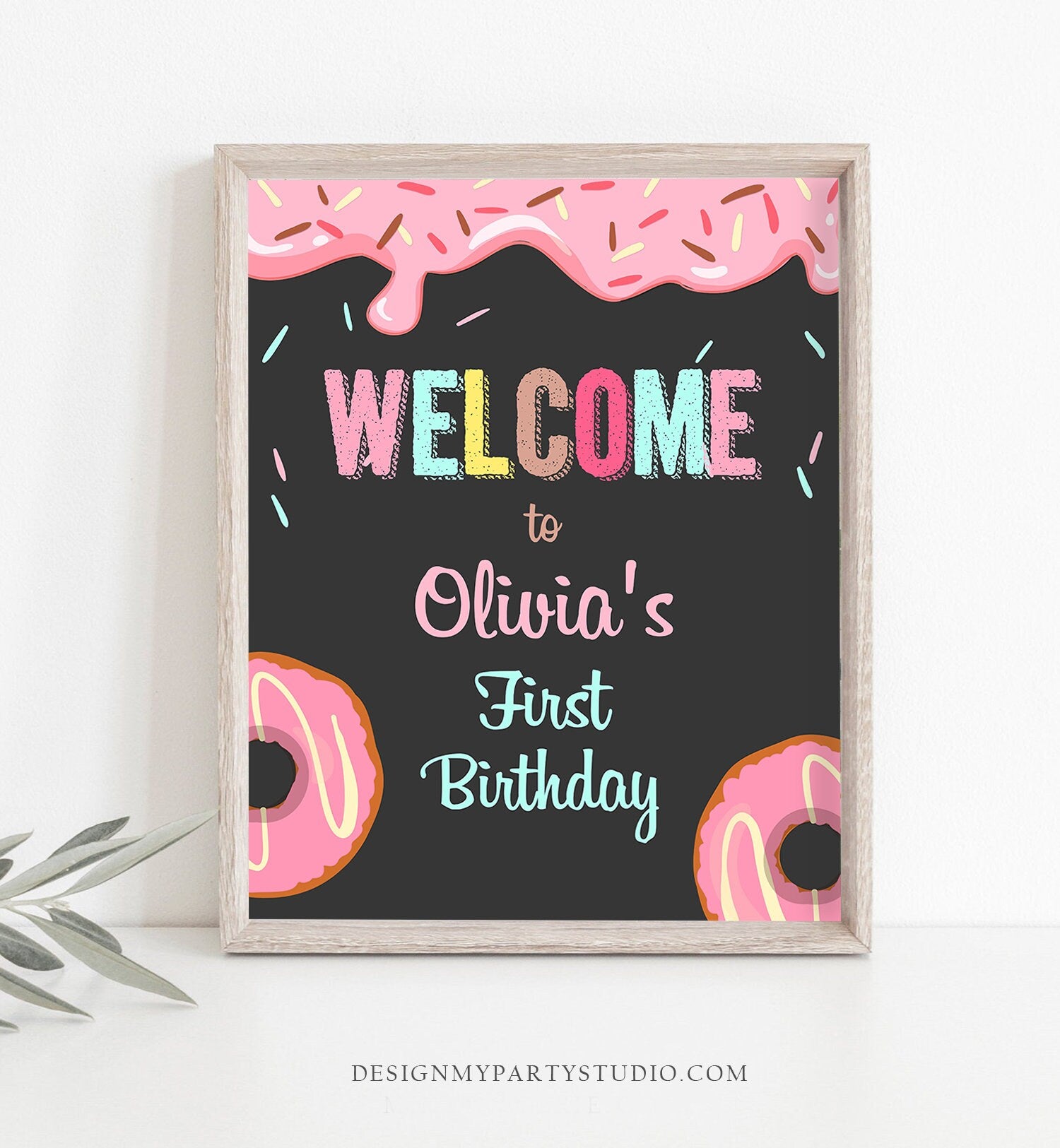 Editable Donut Welcome Sign Donut Birthday Party Pink Girl Doughnut Baby Shower Sprinkle Table Sign Download Corjl Template Printable 0050