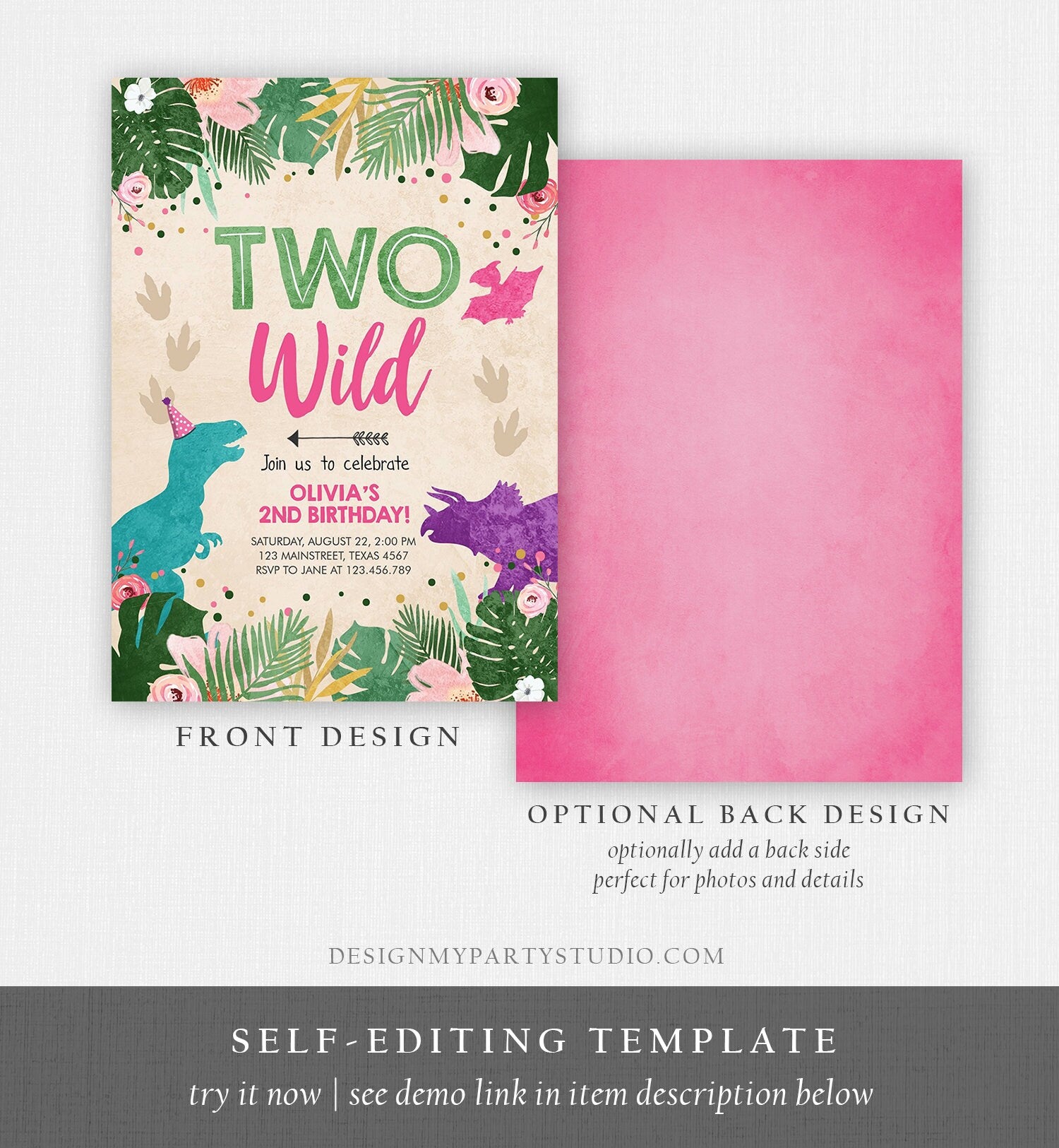 Editable Two Wild Birthday Invitation Dinosaur Dino Party Girl 2nd Second Birthday Born to Pink Purple Digital Corjl Template Printable 0388
