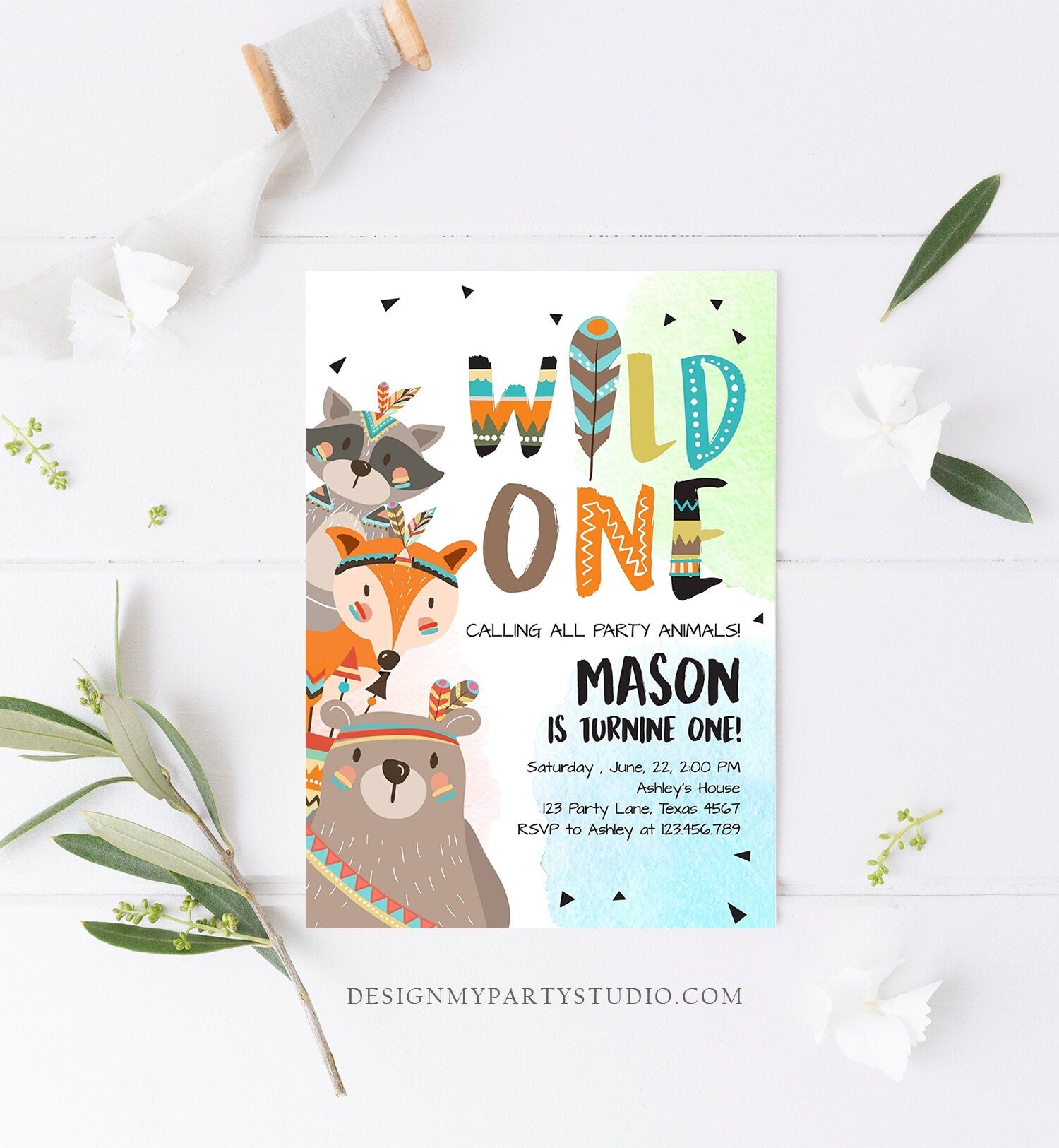 Editable Tribal Woodland Wild One First Birthday Invitation Boho Woodland Animals Boy Instant Download Printable Template Corjl Digital 0061
