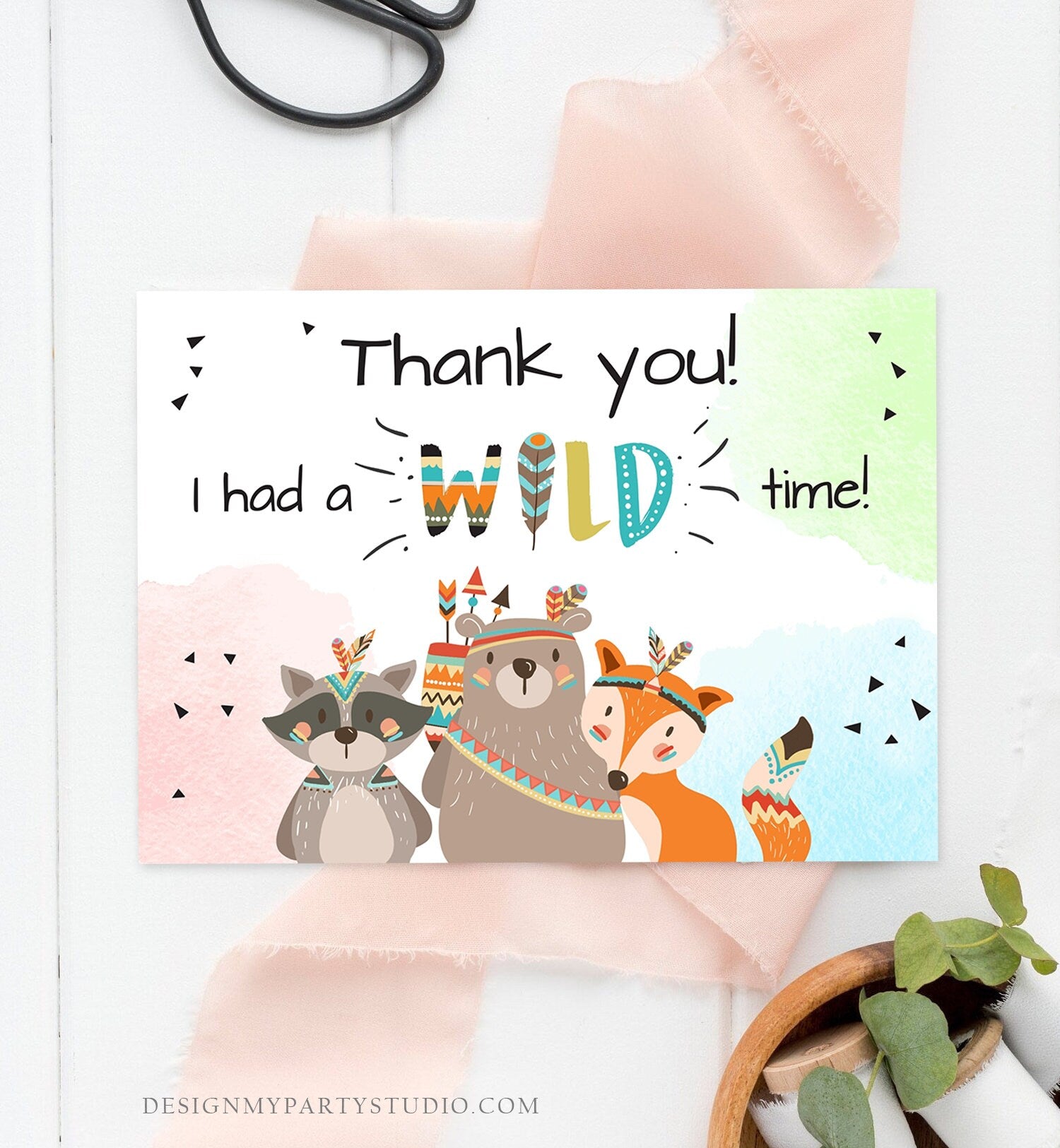 Editable Tribal Woodland Animals Thank You Card Wild One Thank You Note Boy First Birthday Digital Download Corjl Template Printable 0061