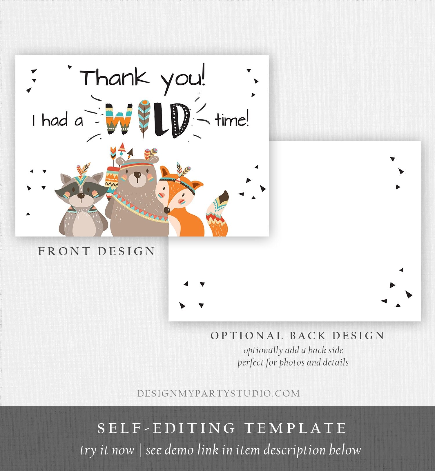 Editable Tribal Woodland Animals Thank You Card Wild One Thank You Note Boy First Birthday Digital Download Corjl Template Printable 0061