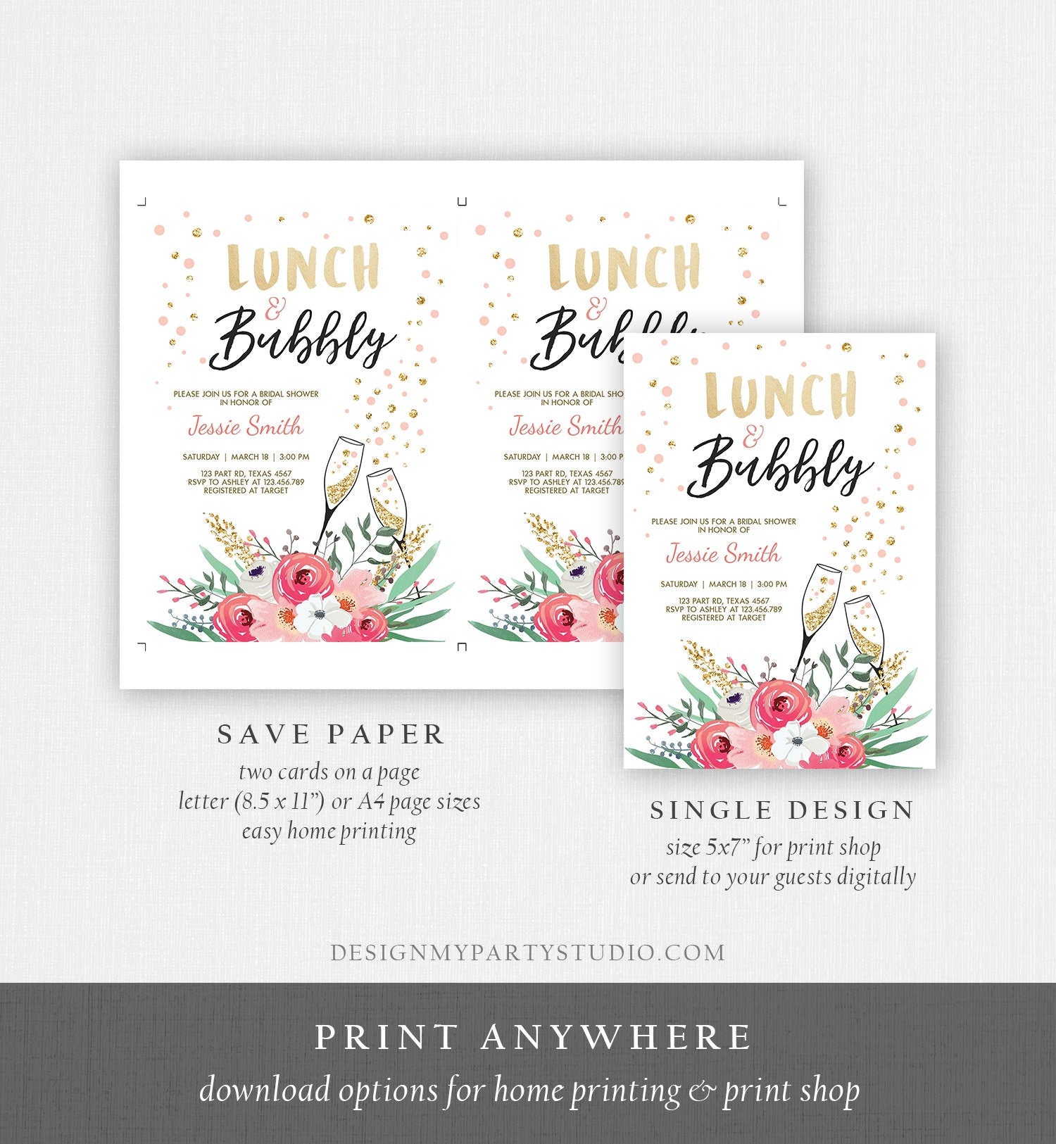 Editable Lunch and Bubbly Bridal Shower Invitation Floral Champagne Gold Pink Wedding Brunch Download Printable Template Digital Corjl 0318