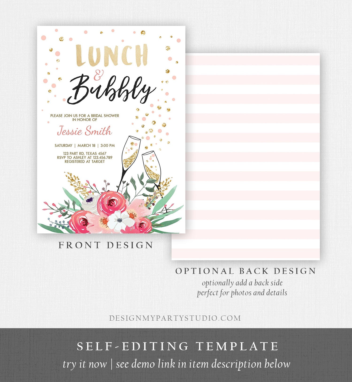 Editable Lunch and Bubbly Bridal Shower Invitation Floral Champagne Gold Pink Wedding Brunch Download Printable Template Digital Corjl 0318