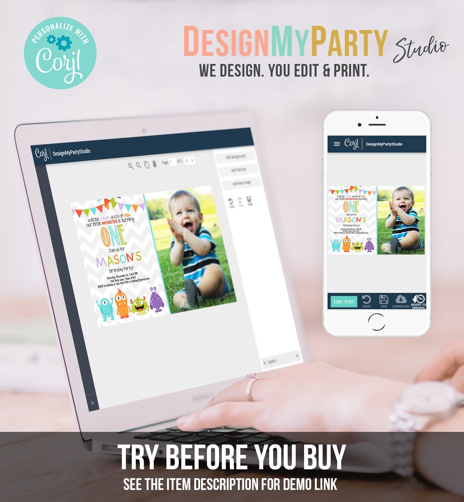 Editable Monster Birthday Invitation 1st Birthday Little Monster First Birthday Invite Boy Instant Download Printable Template Corjl 0058