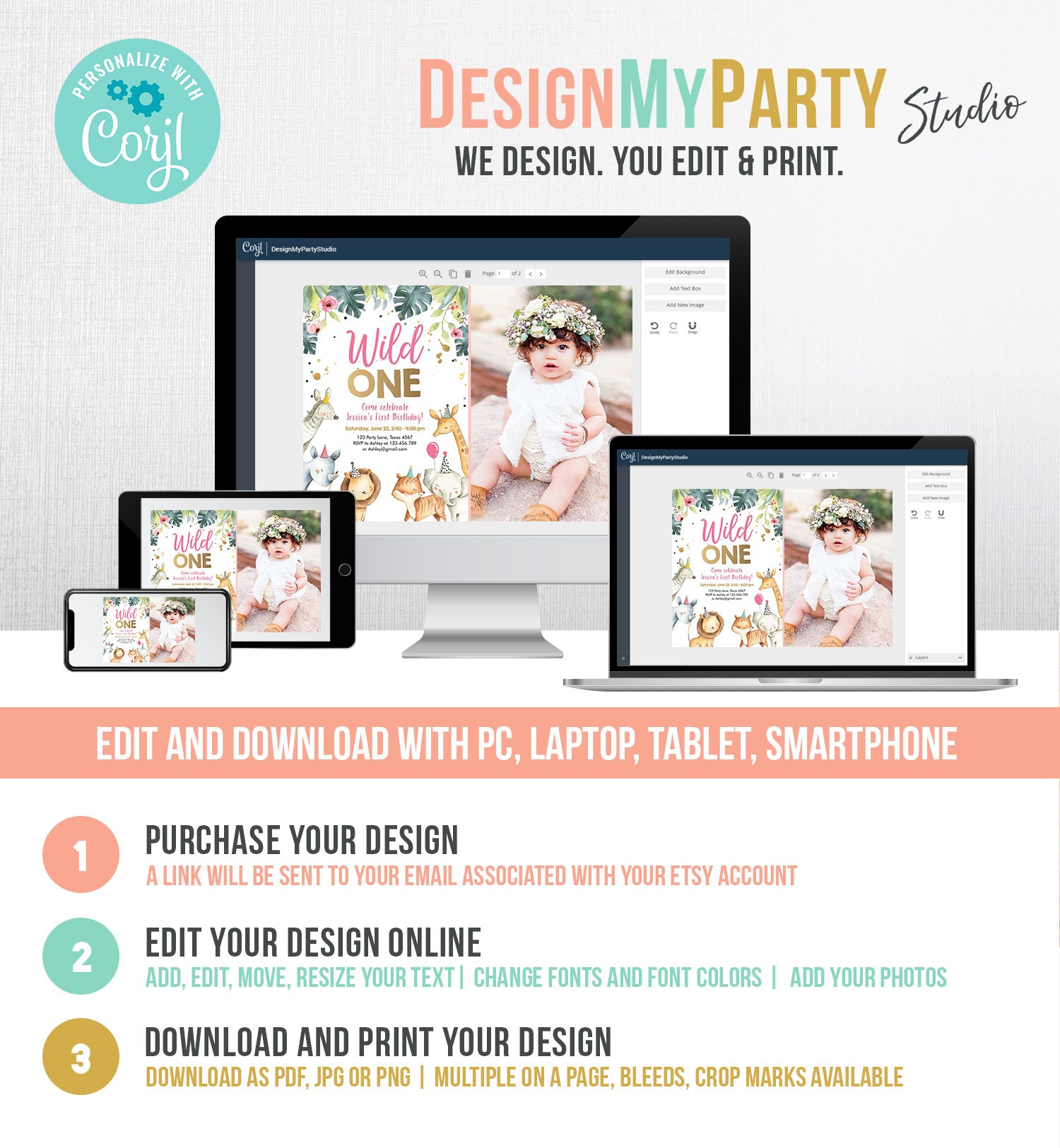 Editable Wild One Birthday Invitation Girl Safari Animals Invite Pink and Gold Party Animals Download Printable Template Corjl Digital 0163