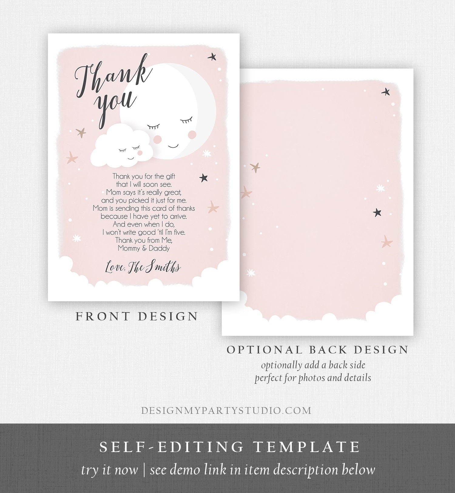 Editable Thank You Card Baby Shower Girl Loved to the Moon and Back Stars Thank You Pink Girl Sprinkle Template Instant Download Corjl 0113