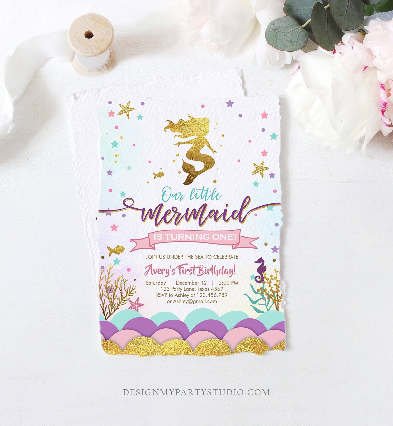 Editable Our Little Mermaid Birthday Invitation Under The Sea Girl Pink Purple Gold First Birthday 1st Corjl Template Printable 0076