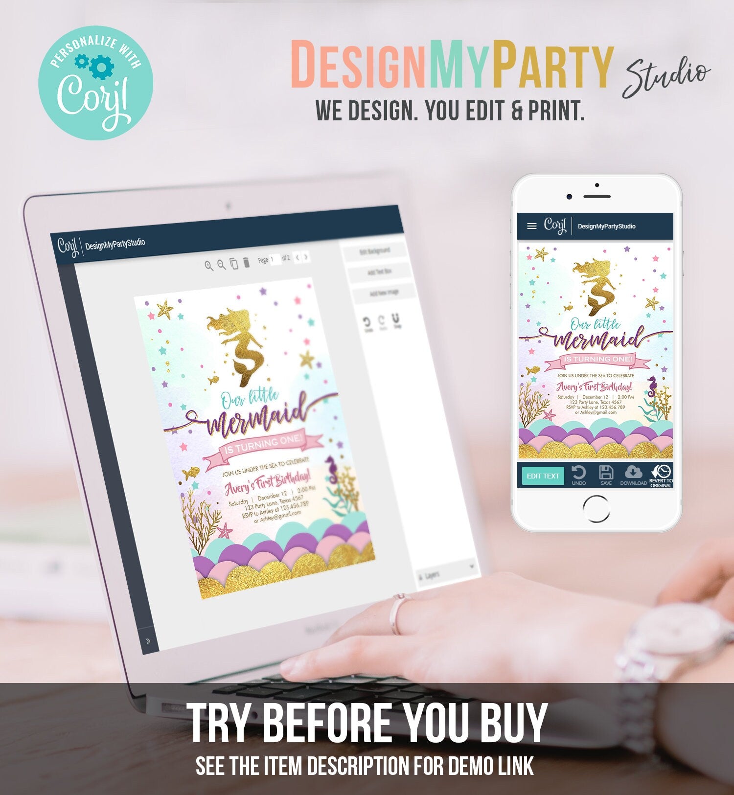 Editable Our Little Mermaid Birthday Invitation Under The Sea Girl Pink Purple Gold First Birthday 1st Corjl Template Printable 0076