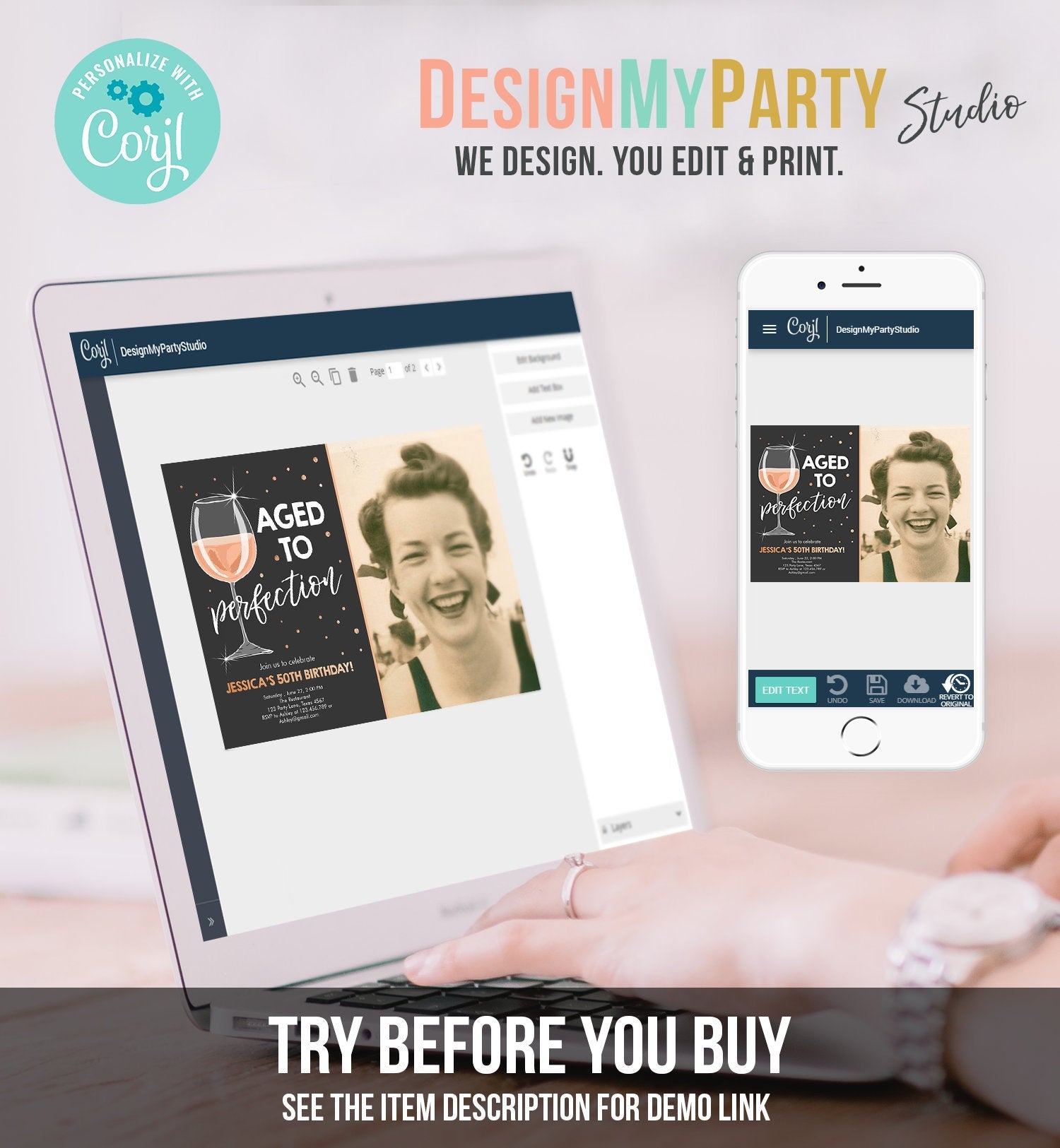 Editable Aged to Perfection Birthday Invitation Wine Adult Birthday Invite Rustic Surprise Gold Pink Download Printable Template Corjl 0252