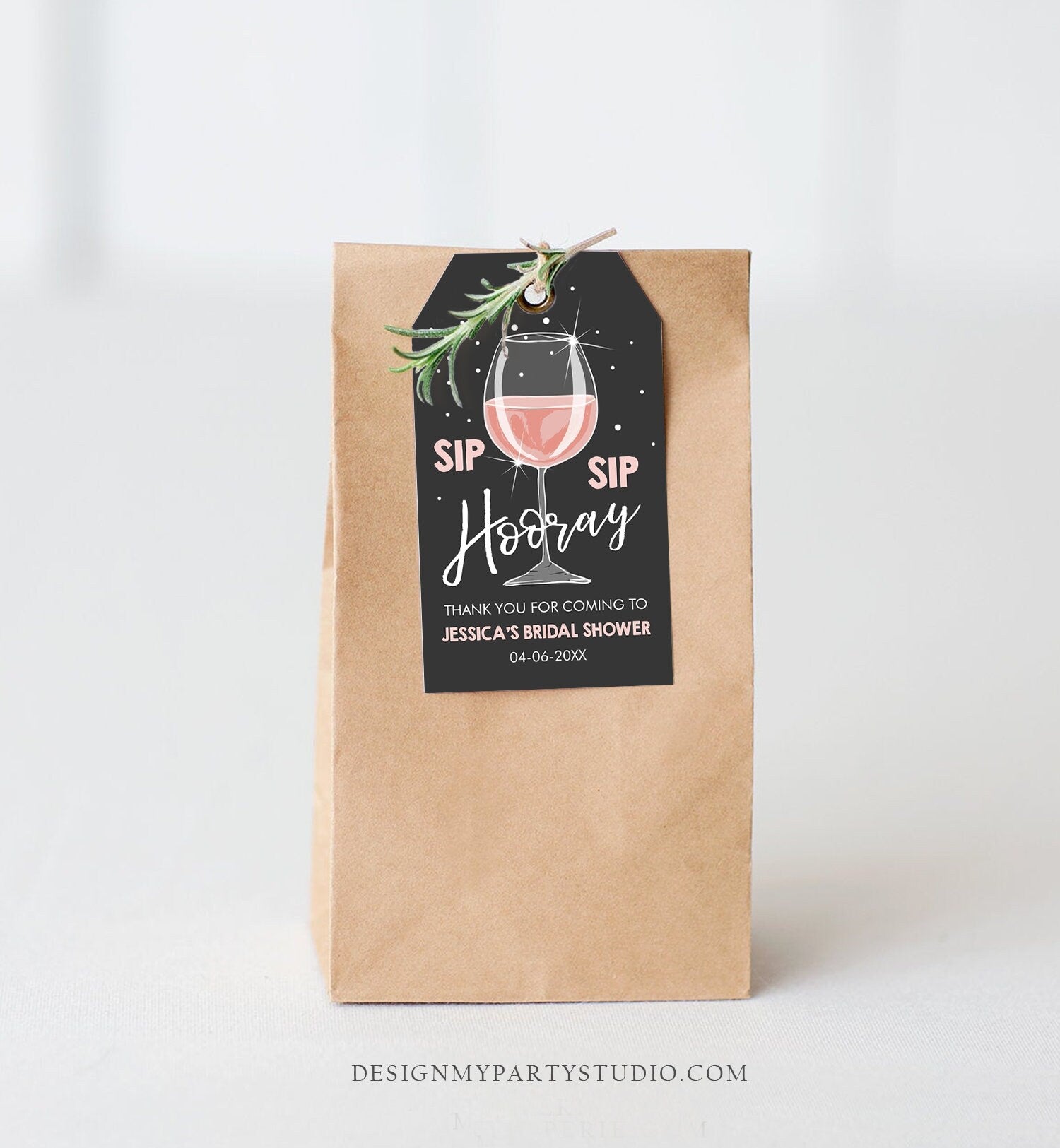 Editable Sip Sip Hooray Bridal shower thank you tags Wine Bottle Tags Chalk Pink Mini Champagne Wedding Digital PRINTABLE Corjl 0252