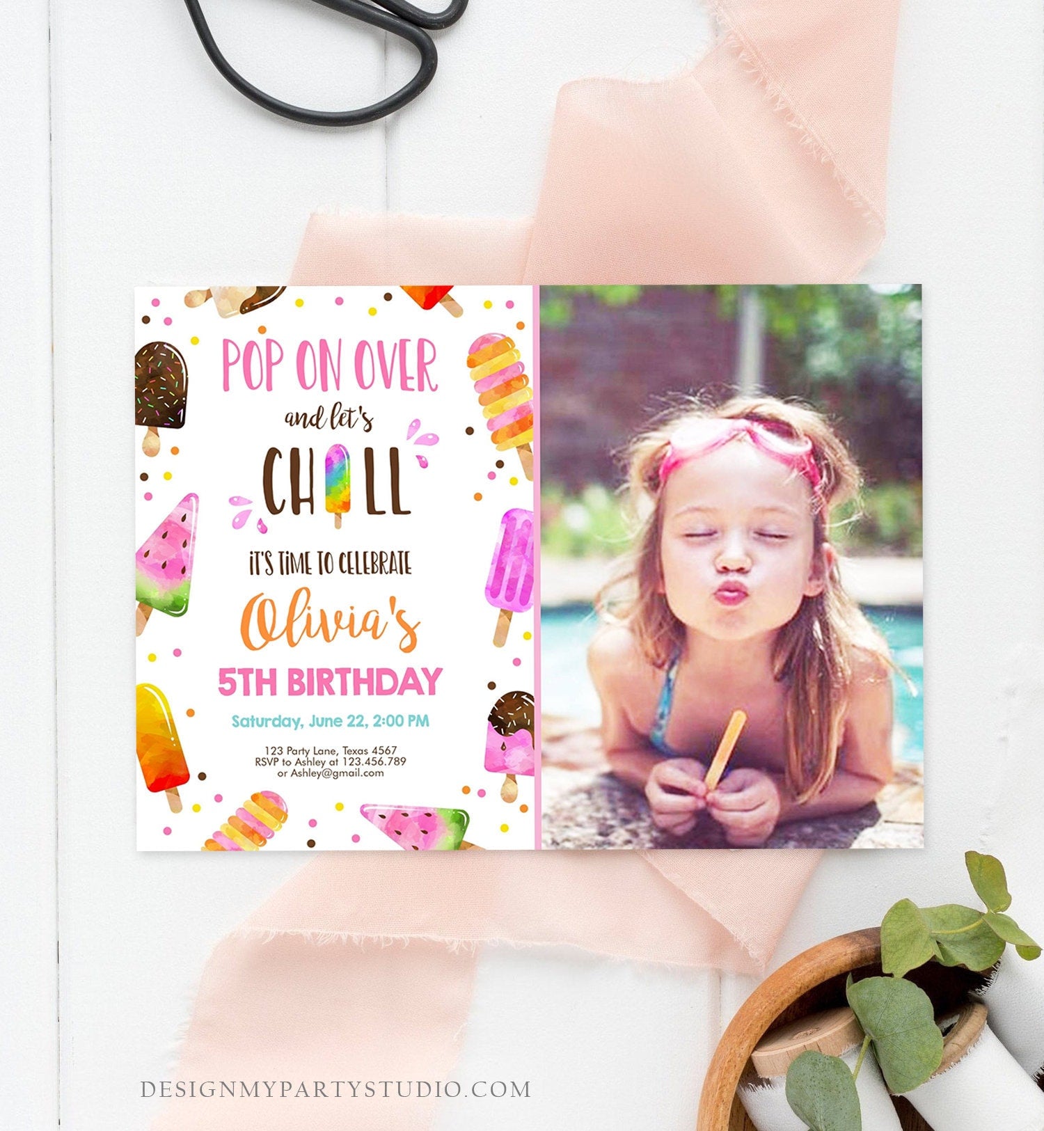 Editable Popsicle Birthday Invitation Pink Girl Birthday Summer Pool Party Popsicle Party Swim Download Printable Template Corjl 0143