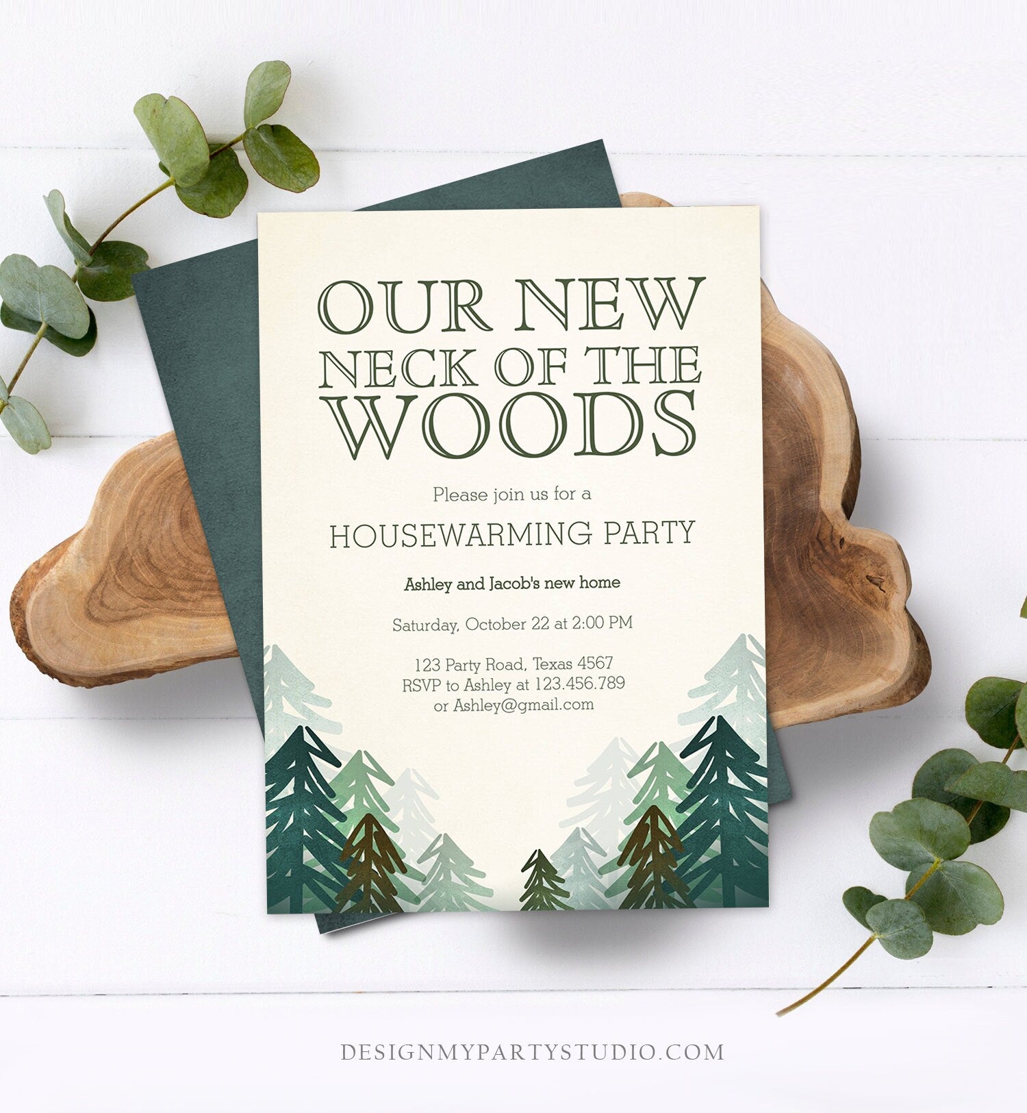 Editable Housewarming Party Invitation Our New Neck of the Woods Forest Winter Fall Party Rustic Download Printable Corjl Template 0295
