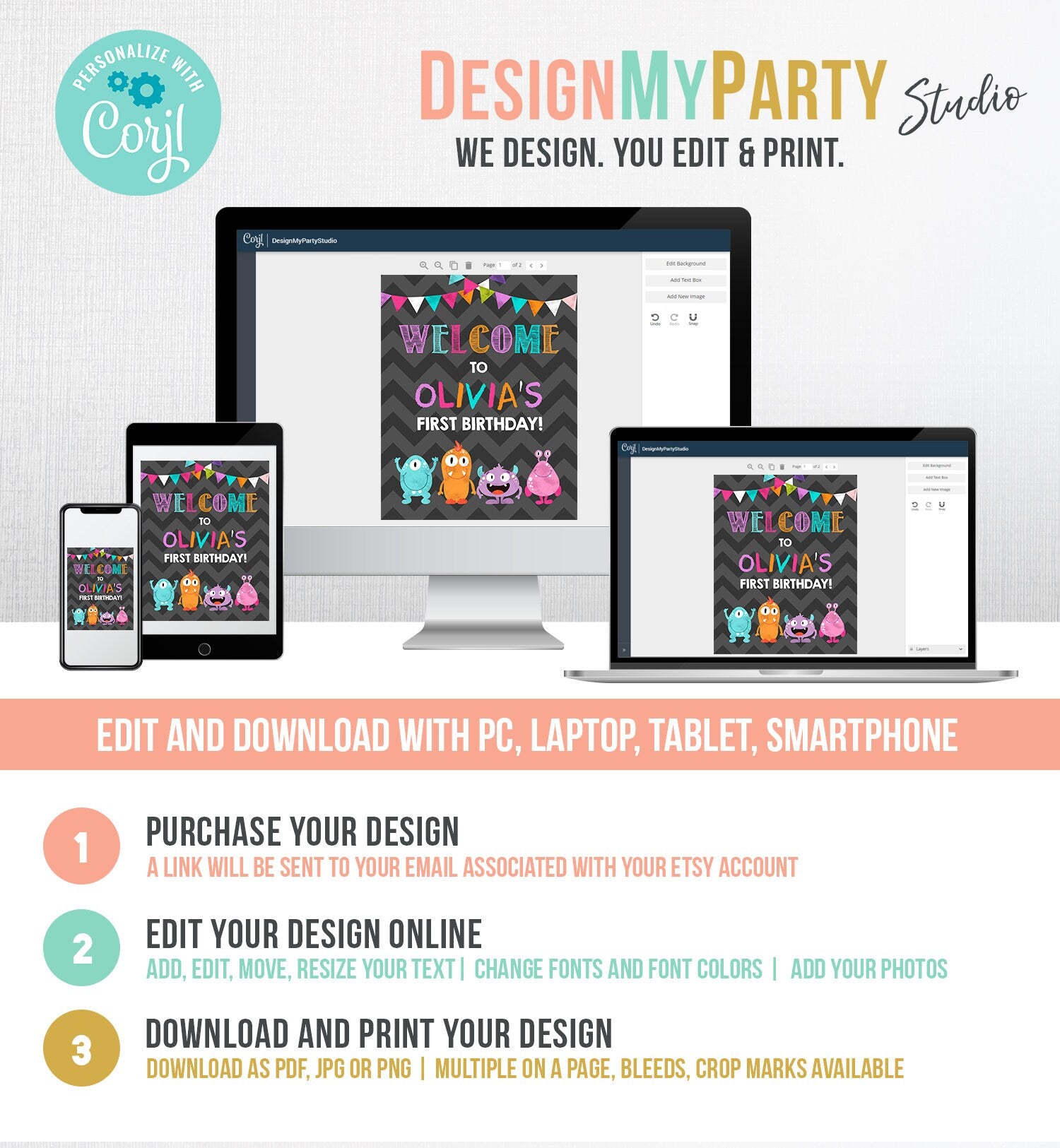 Editable Welcome Sign Monster Birthday Party Girl Monster Bash Pink Purple Little Monster Decor Download Template Printable Corjl 0058