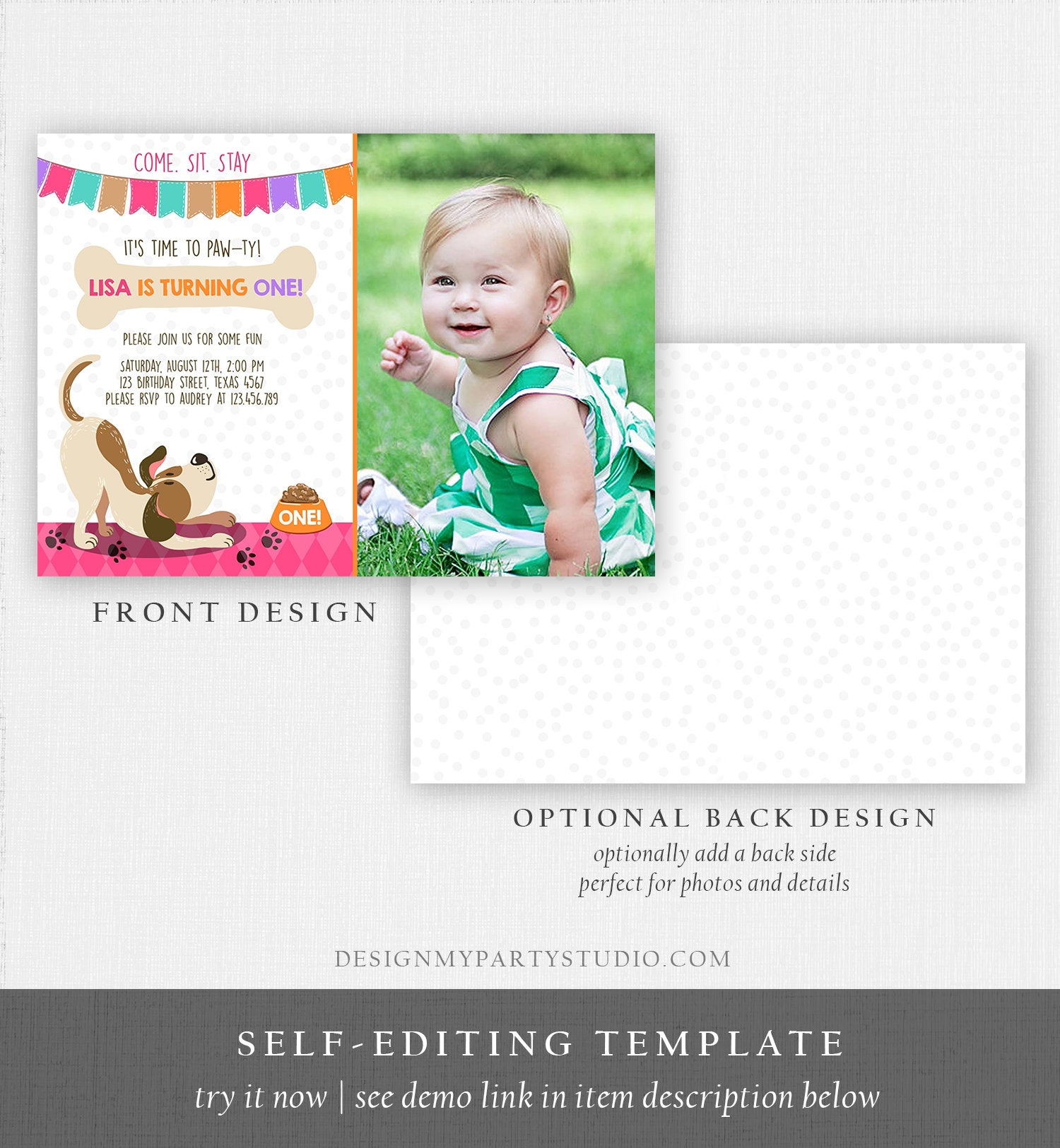 Editable Puppy Dog Birthday Invitation Pawty Girl Birthday Dog Theme Puppy Party Dog Pink Download Printable Invitation Template Corjl 0048