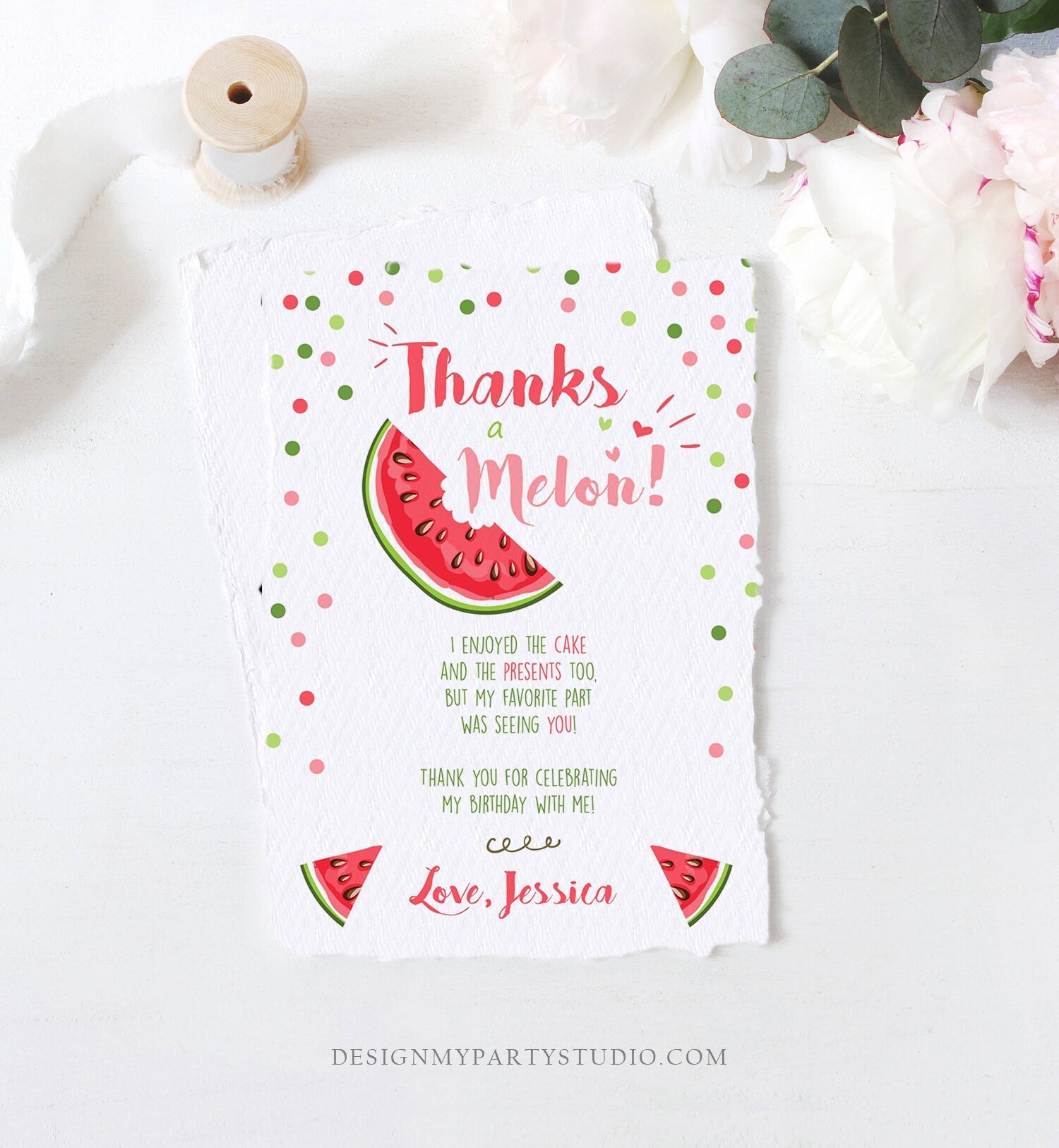 Editable Thanks a Melon Thank You Card Watermelon First Birthday Party Girl Pink Red Melon Summer Fruit Photo Corjl Template Printable 0120