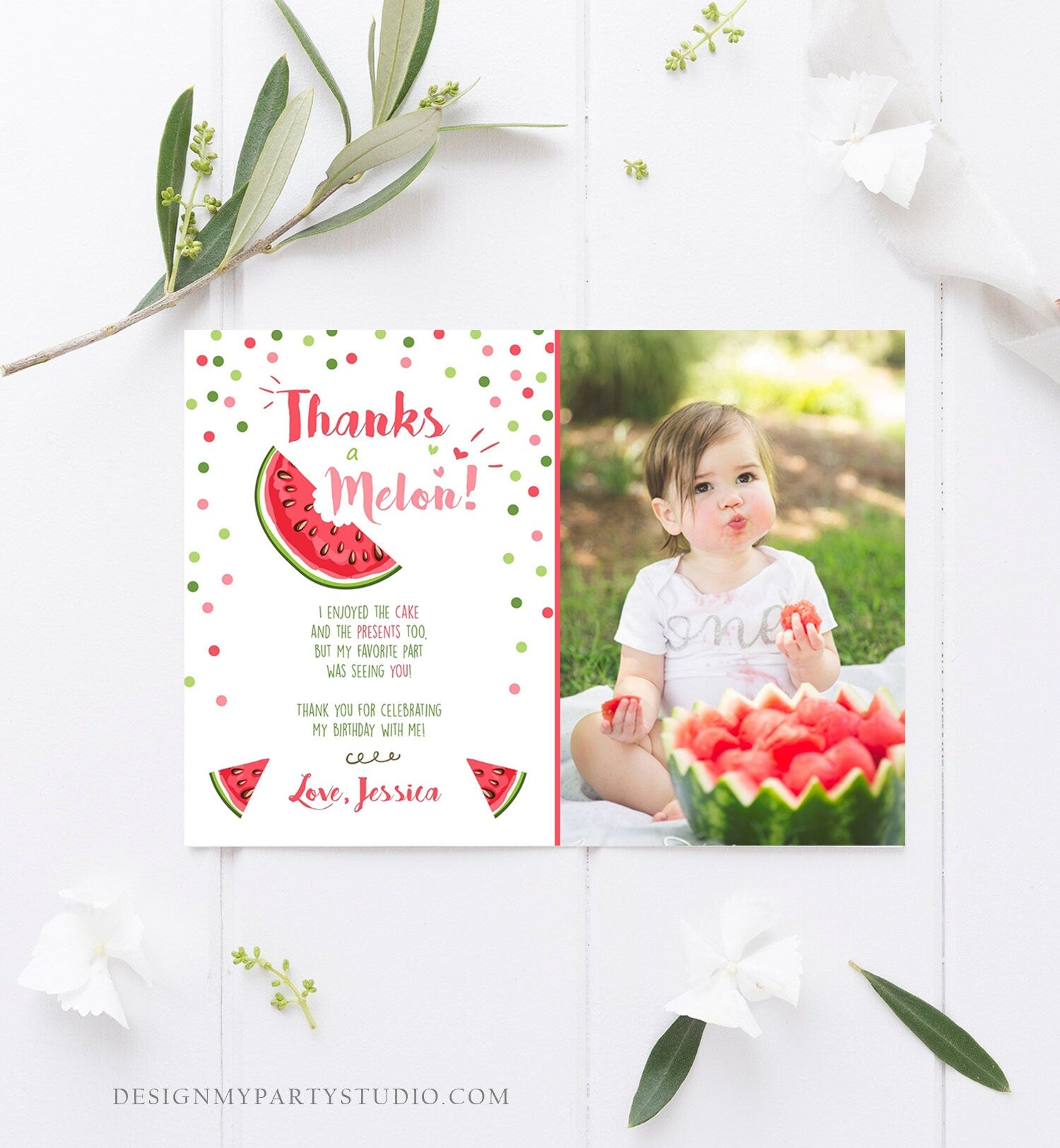 Editable Thanks a Melon Thank You Card Watermelon First Birthday Party Girl Pink Red Melon Summer Fruit Photo Corjl Template Printable 0120