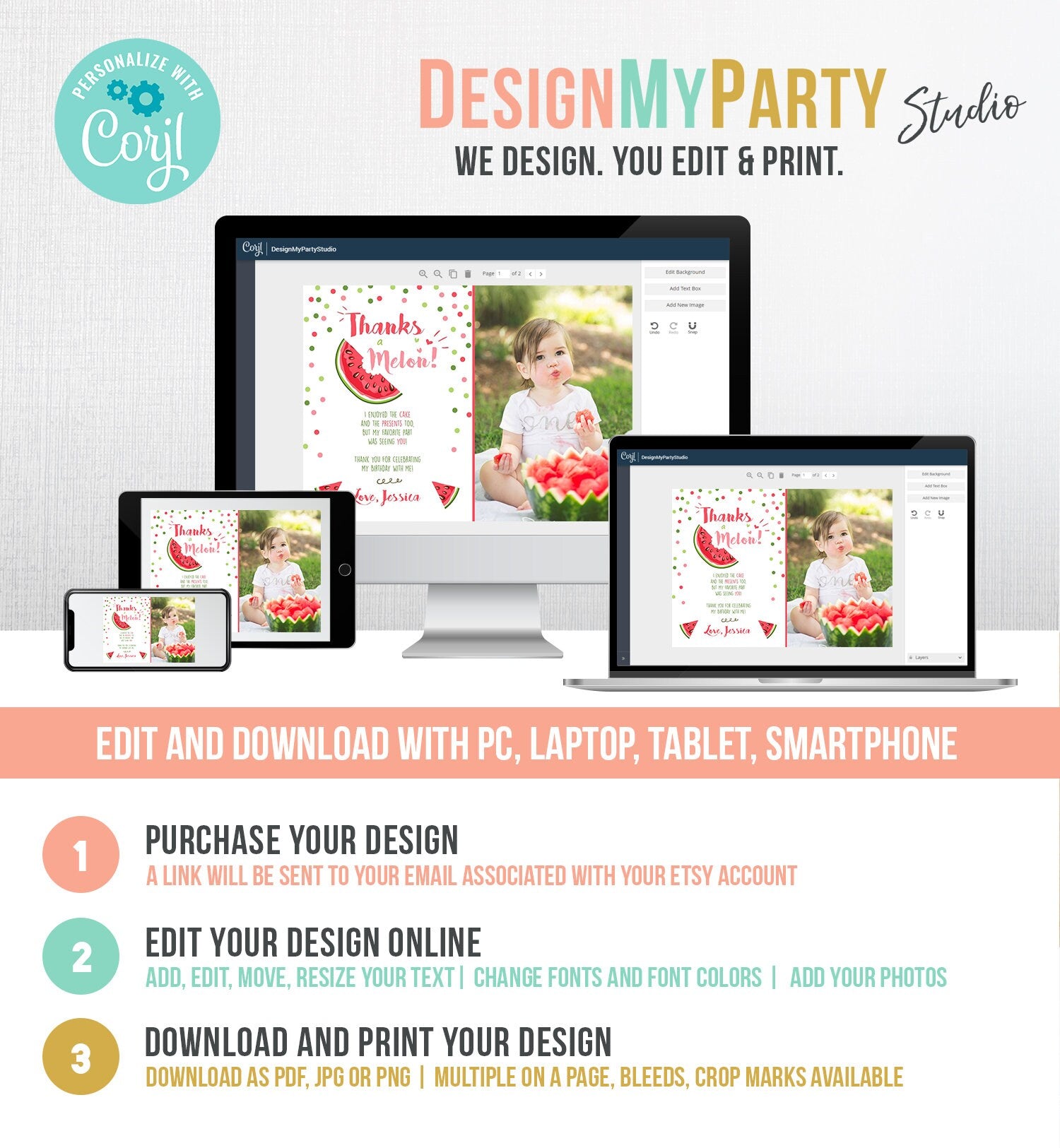 Editable Thanks a Melon Thank You Card Watermelon First Birthday Party Girl Pink Red Melon Summer Fruit Photo Corjl Template Printable 0120