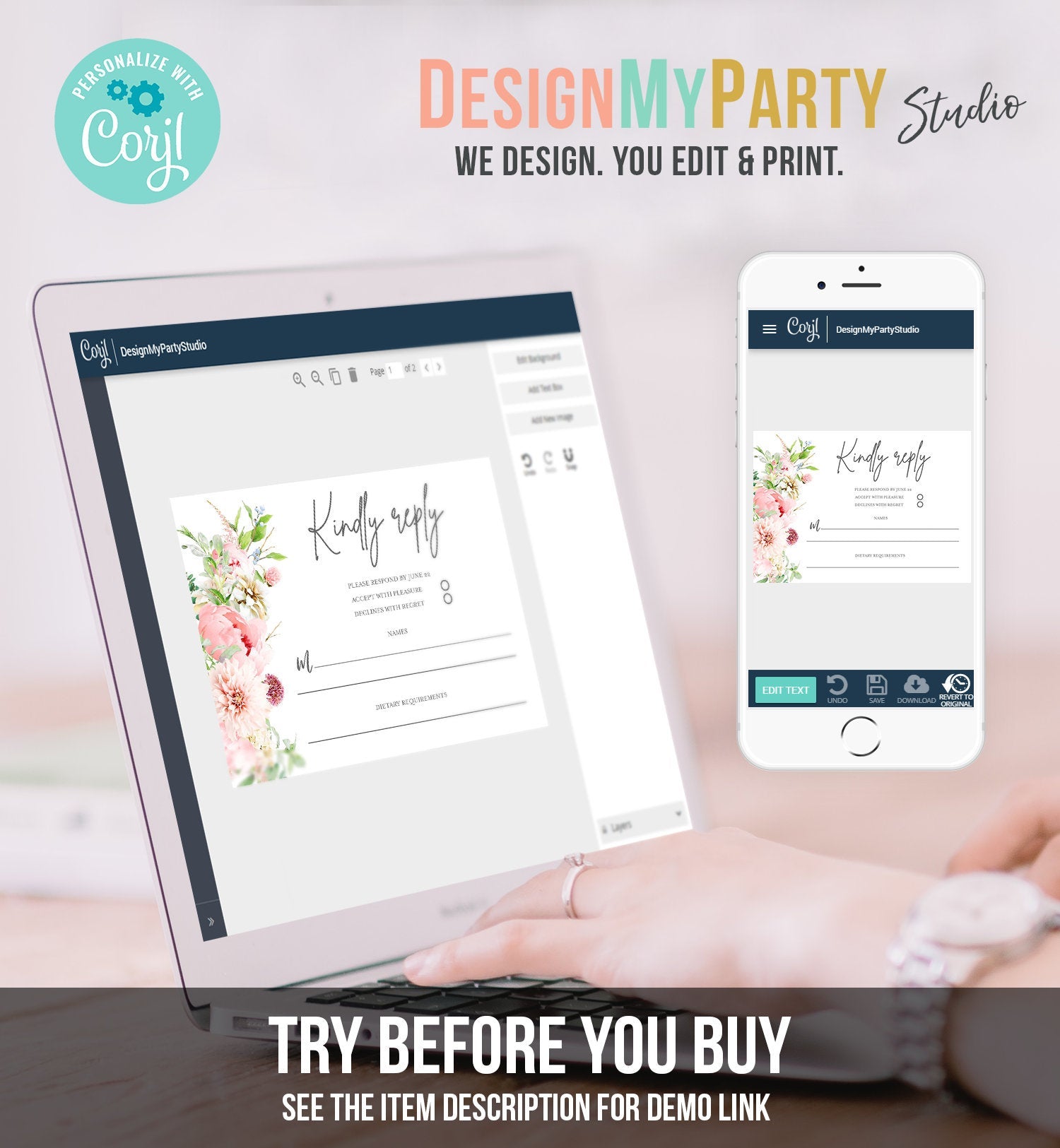 Editable Botanical Flowers RSVP Card Wedding Pink Floral Blush Watercolor Greenery Kindly Reply Peony Flowers Corjl Template Printable 0167